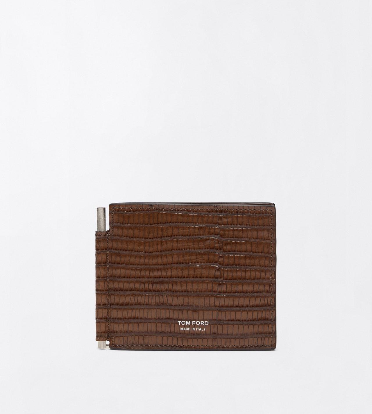 TOM FORD LEATHER CARAMEL PORTEFEUILLE &Agrave; PINCE &Agrave; BILLETS IMPRIM&Eacute; TEJUS T LINE