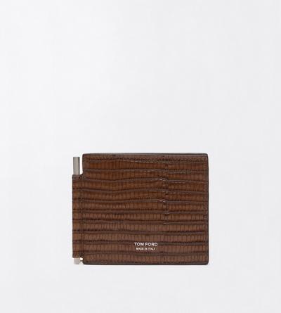 TOM FORD LEATHER CARAMEL PORTEFEUILLE &Agrave; PINCE &Agrave; BILLETS IMPRIM&Eacute; TEJUS T LINE