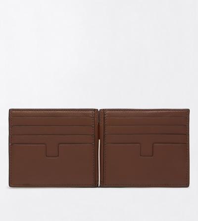 TOM FORD LEATHER CARAMEL PORTEFEUILLE &Agrave; PINCE &Agrave; BILLETS IMPRIM&Eacute; TEJUS T LINE