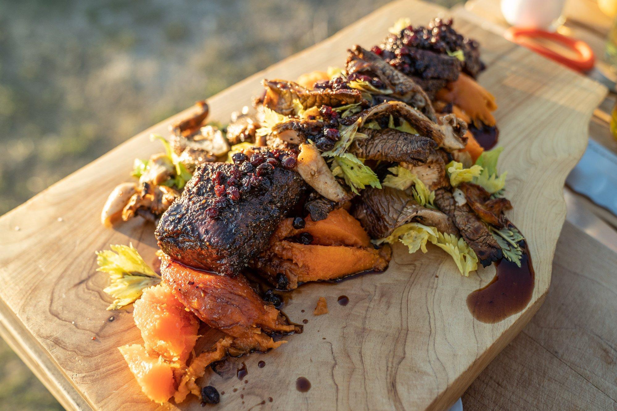 Elk Loin with Baked Sweet Potatoes & Mushrooms - Traeger
