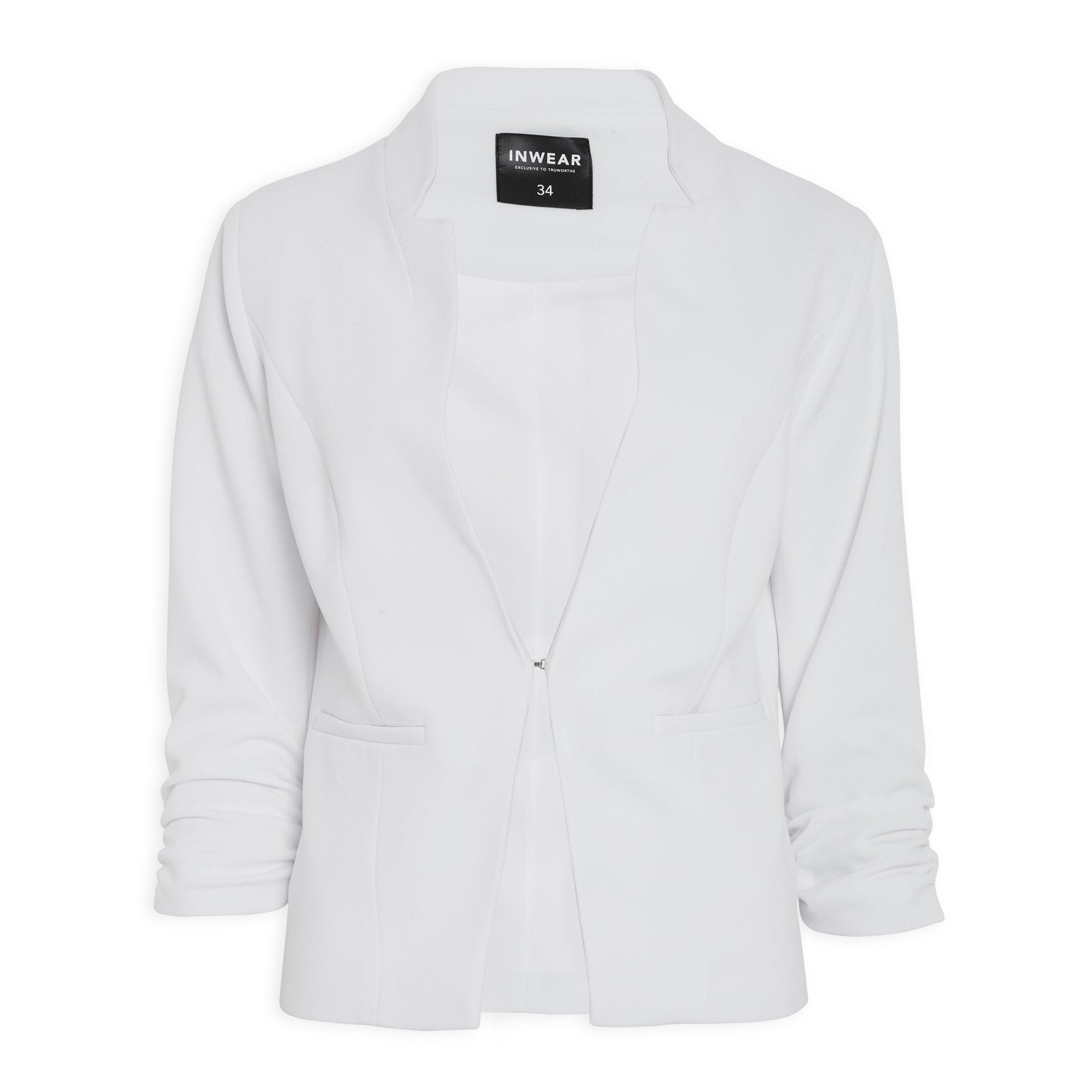 White collarless jacket on sale womens