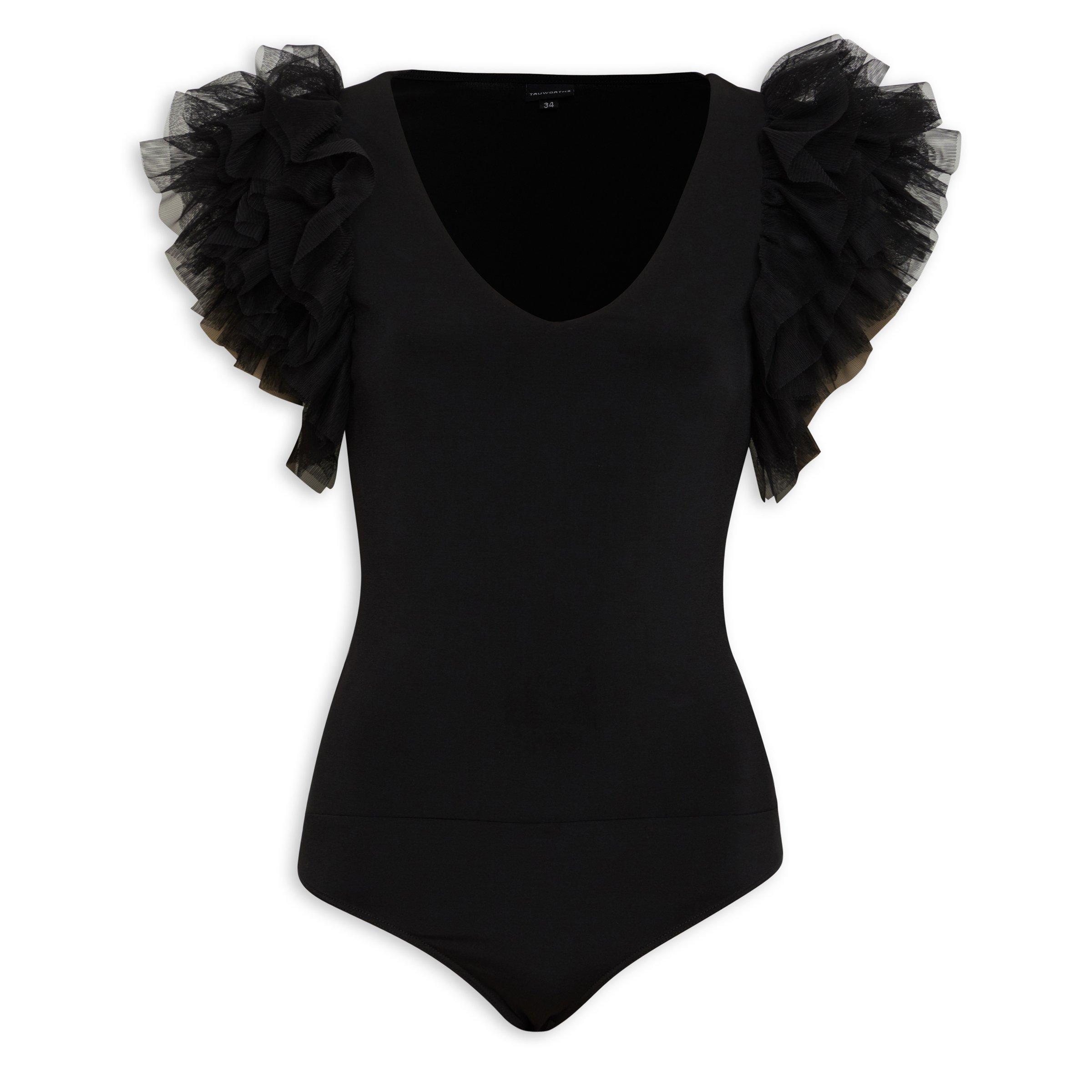 RIBBED BODYSUIT WITH RUFFLES - Black