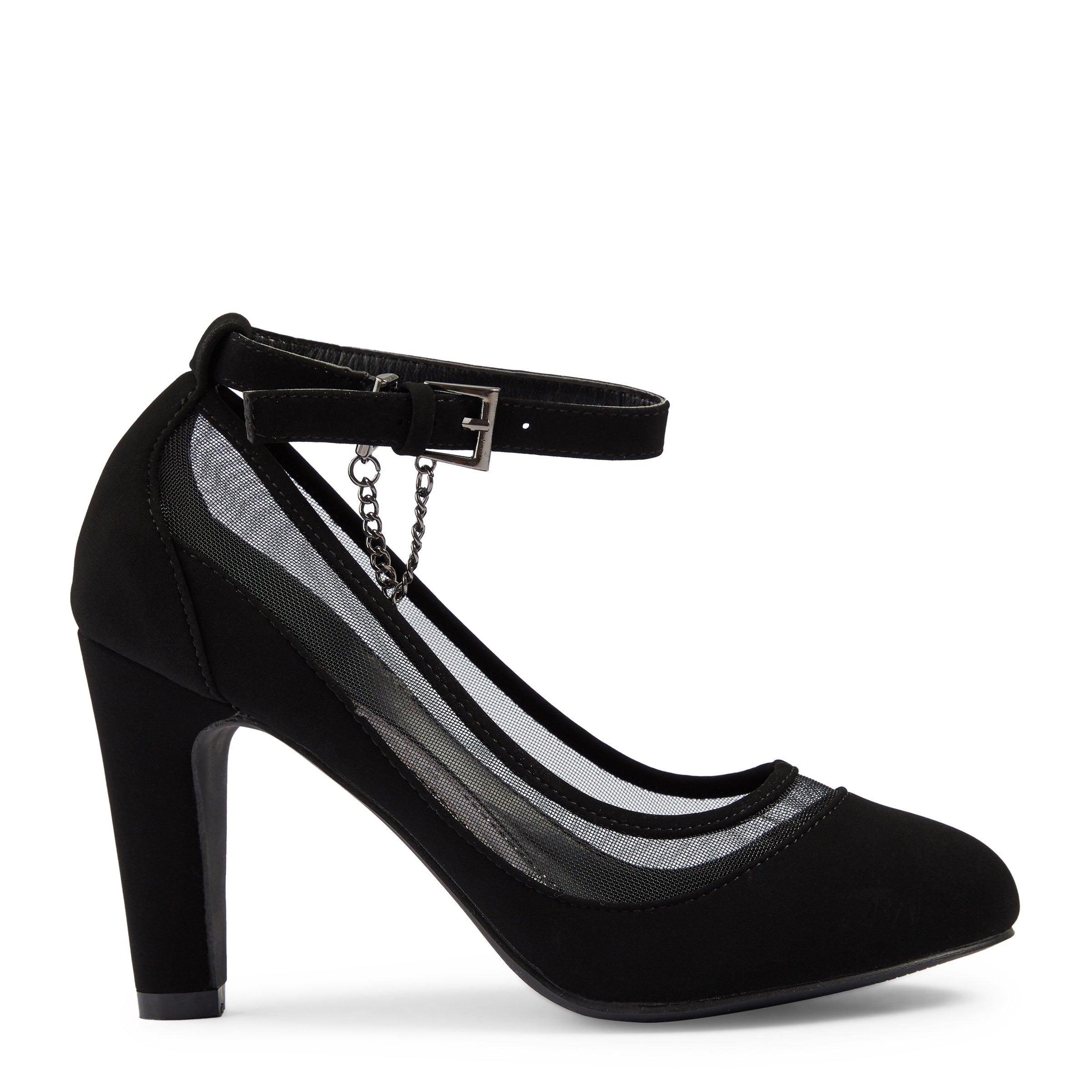 Black heeled shoes with ankle outlet strap