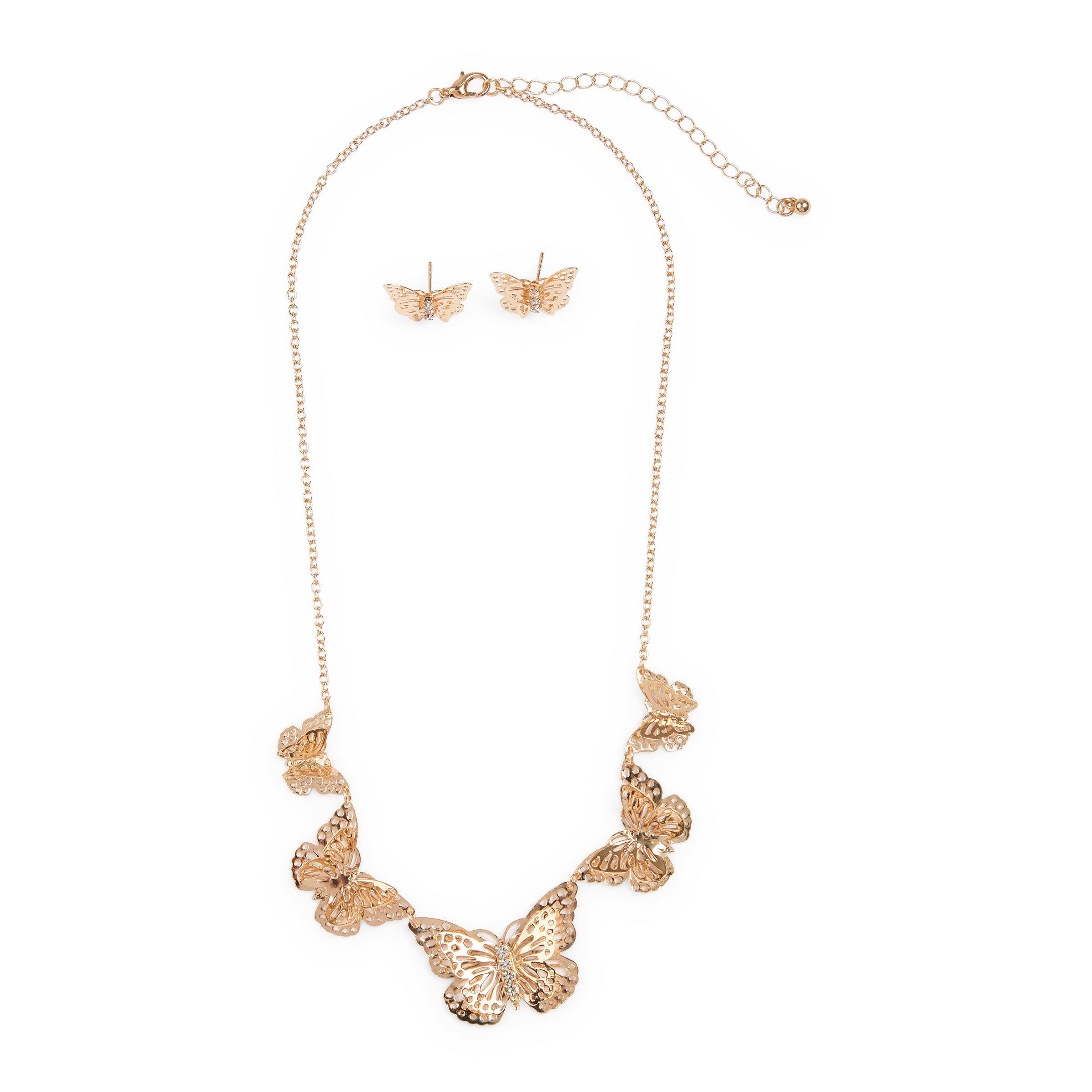 Gold butterfly necklace and earring set deals