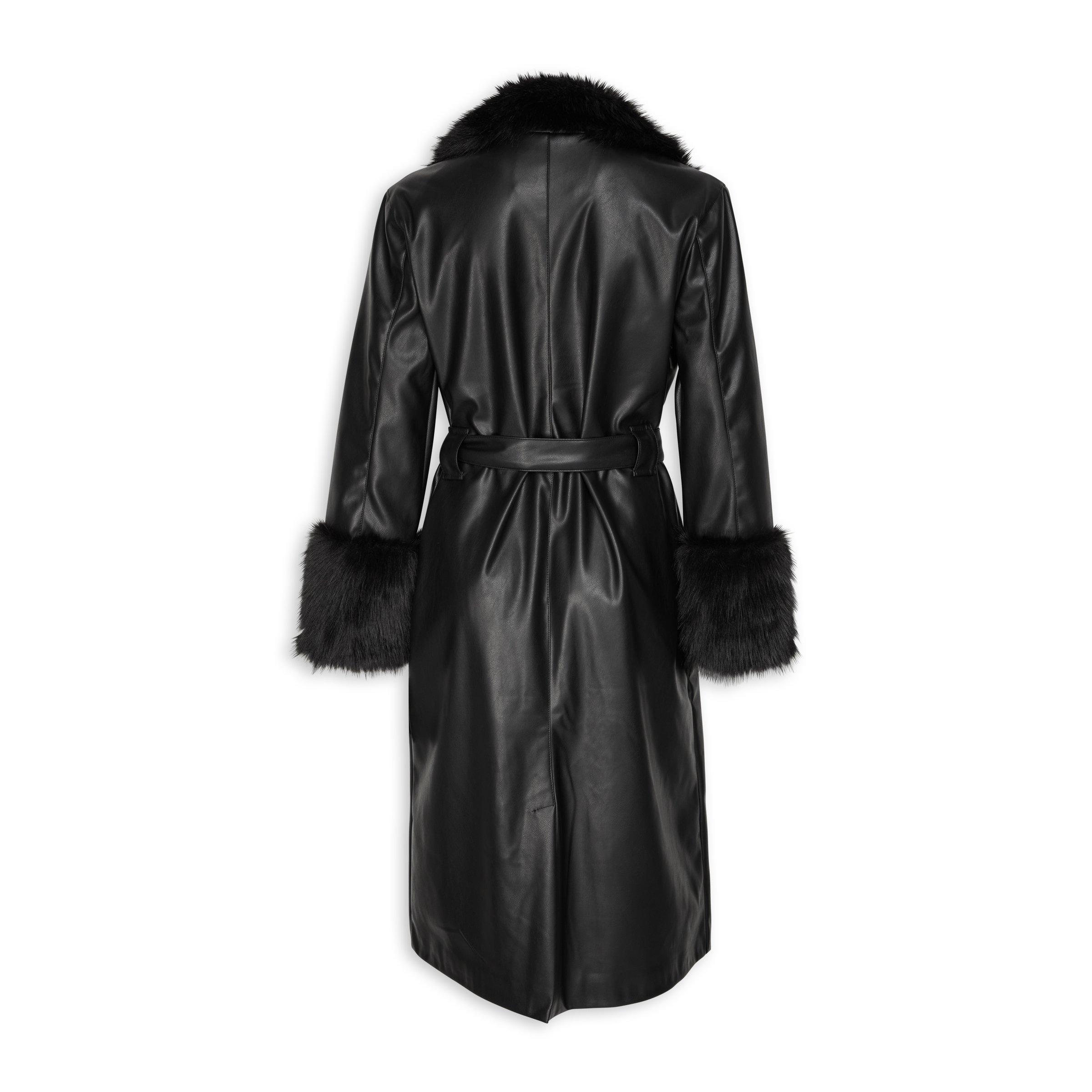 Black Belted Faux Fur Trench Coat (3089478)