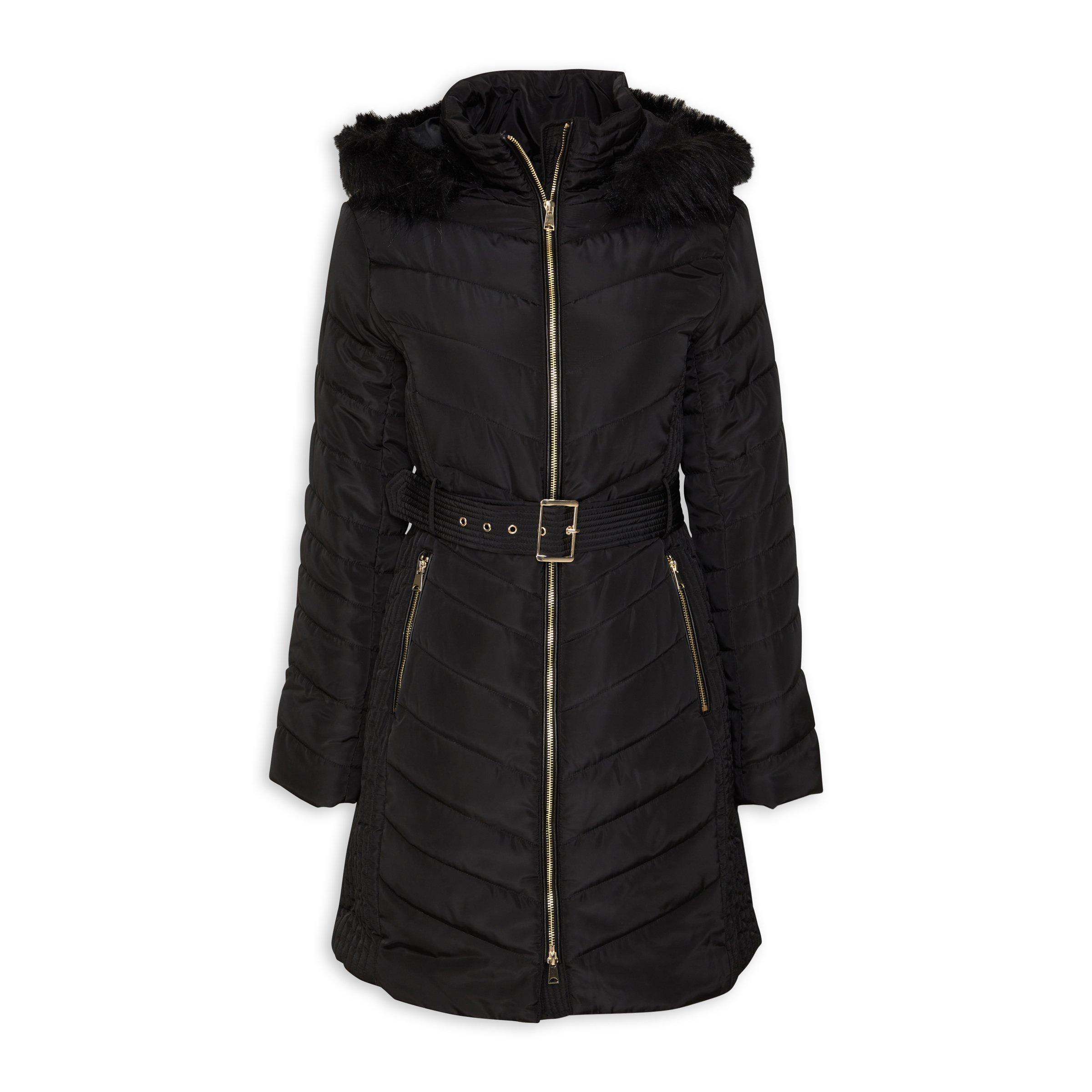 Black Belted Faux Fur Puffer Jacket (3089958)