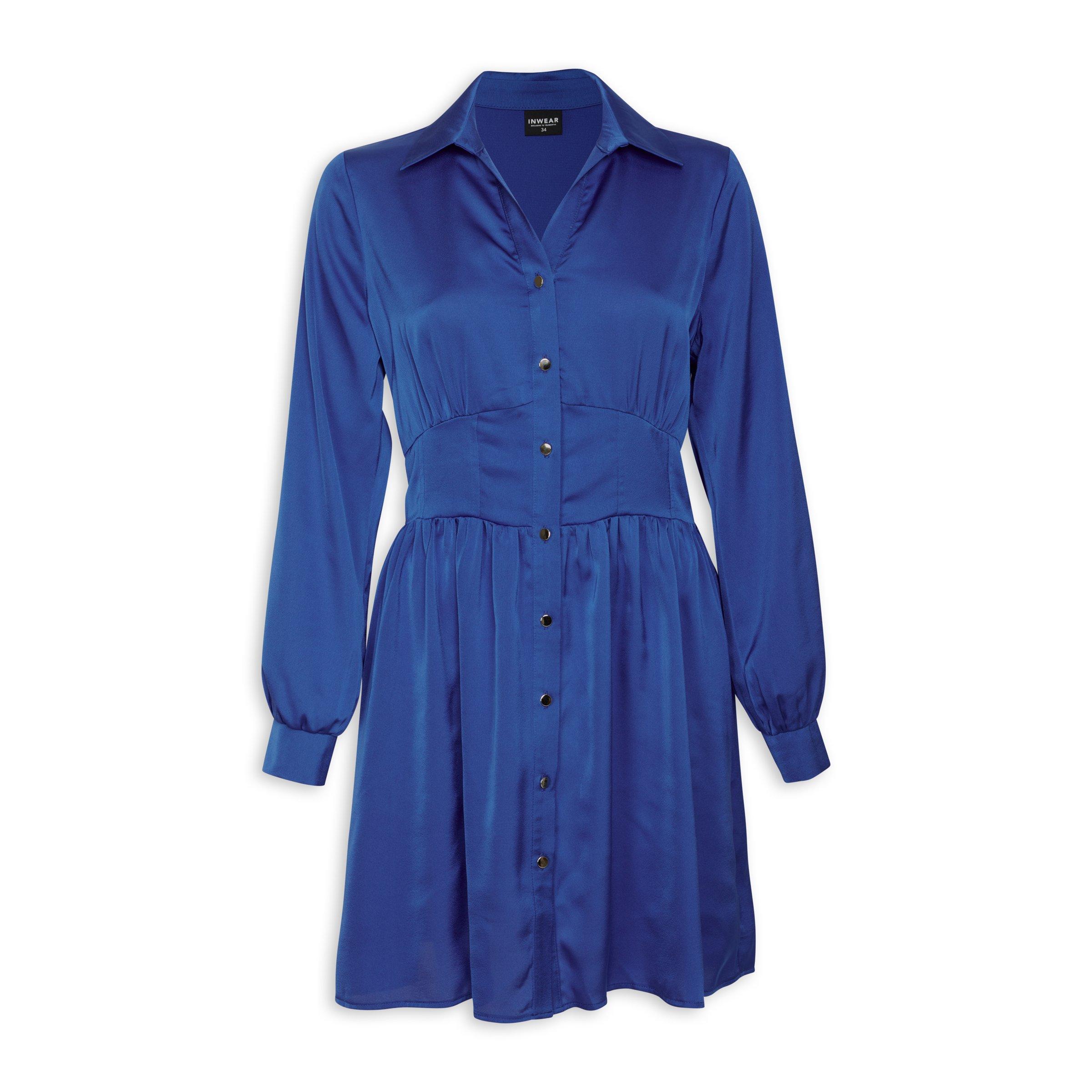 Blue satin shirt dress on sale