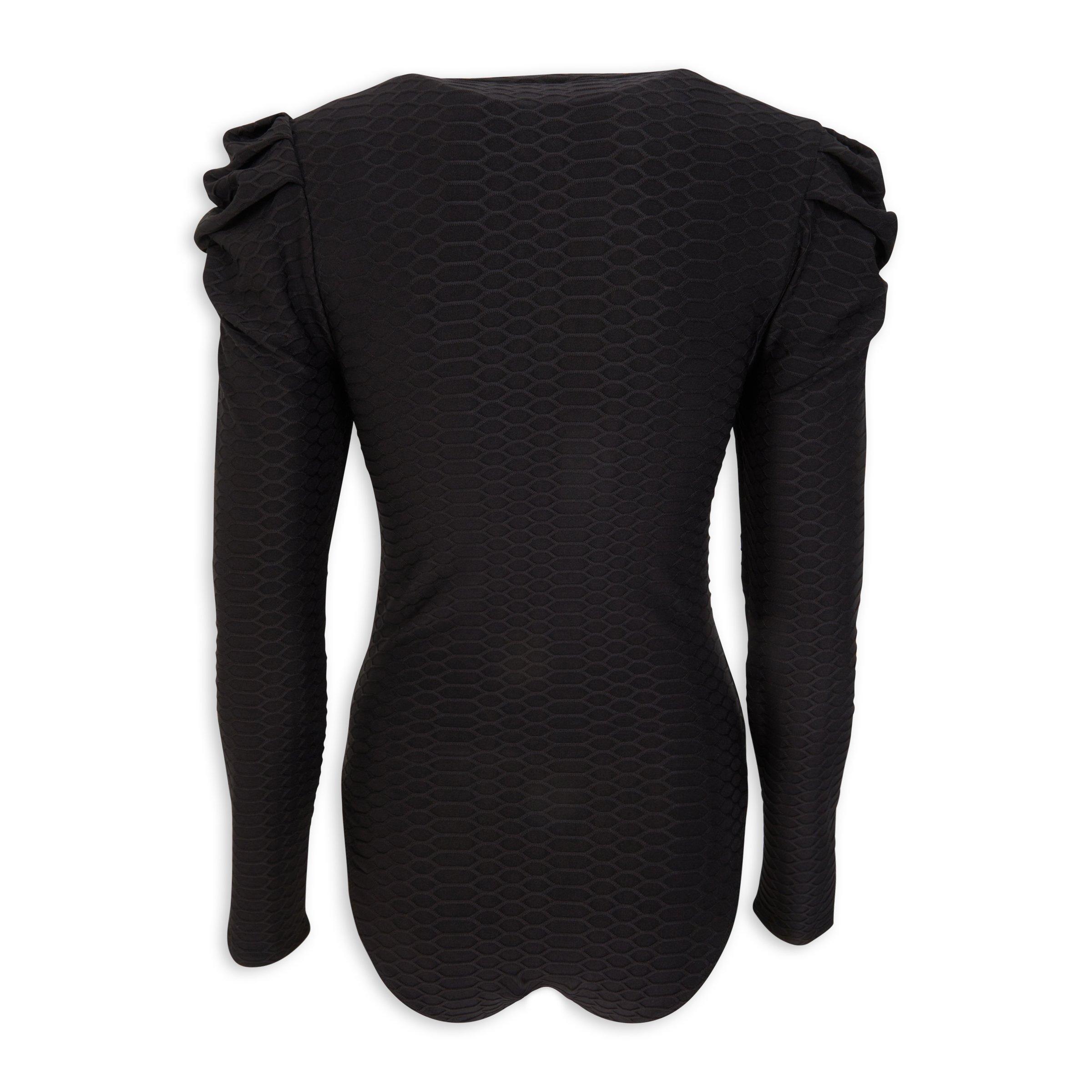 Black Long Sleeve Bodysuit - Balloon Sleeve Top - Ribbed Bodysuit