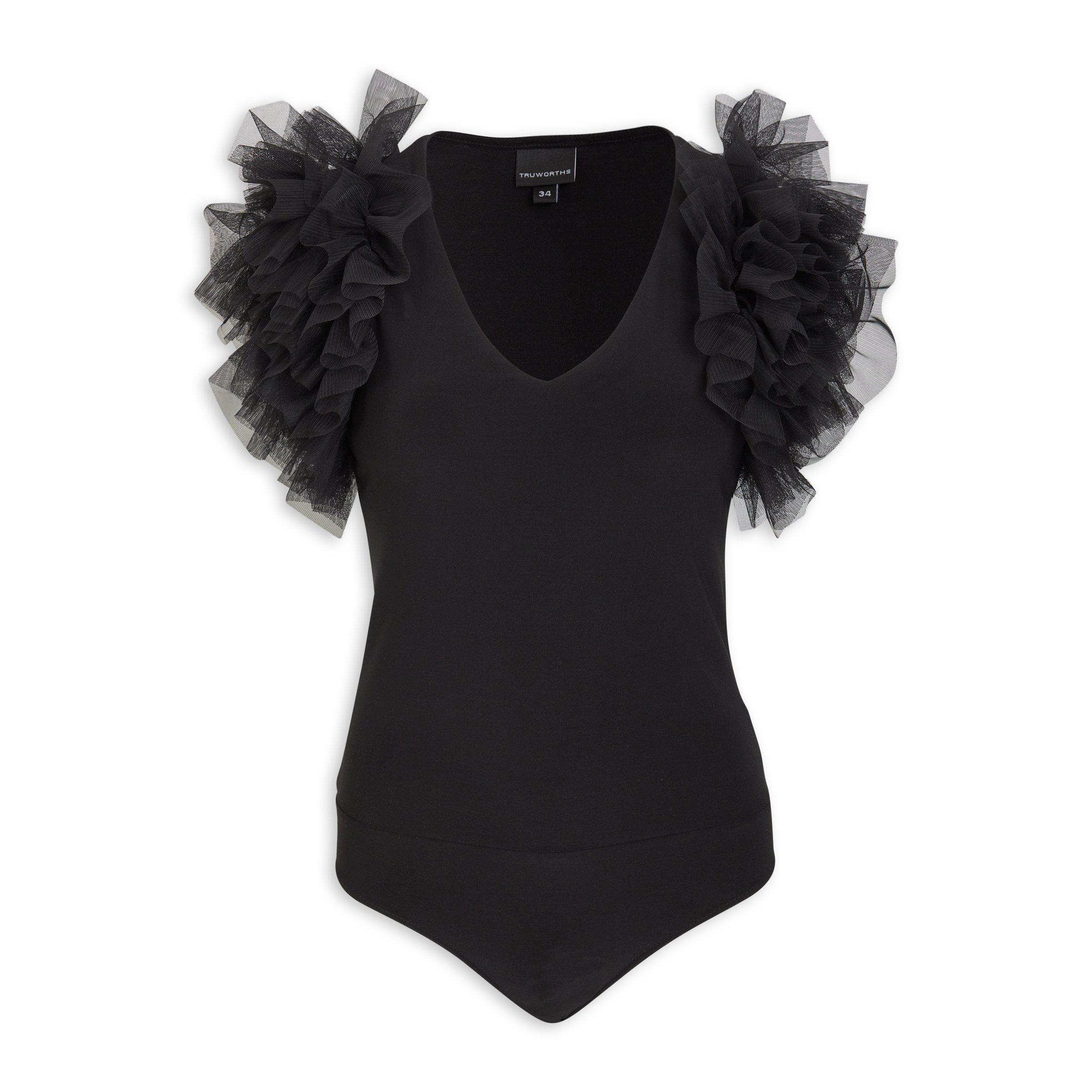 Black ruffle bodysuit deals