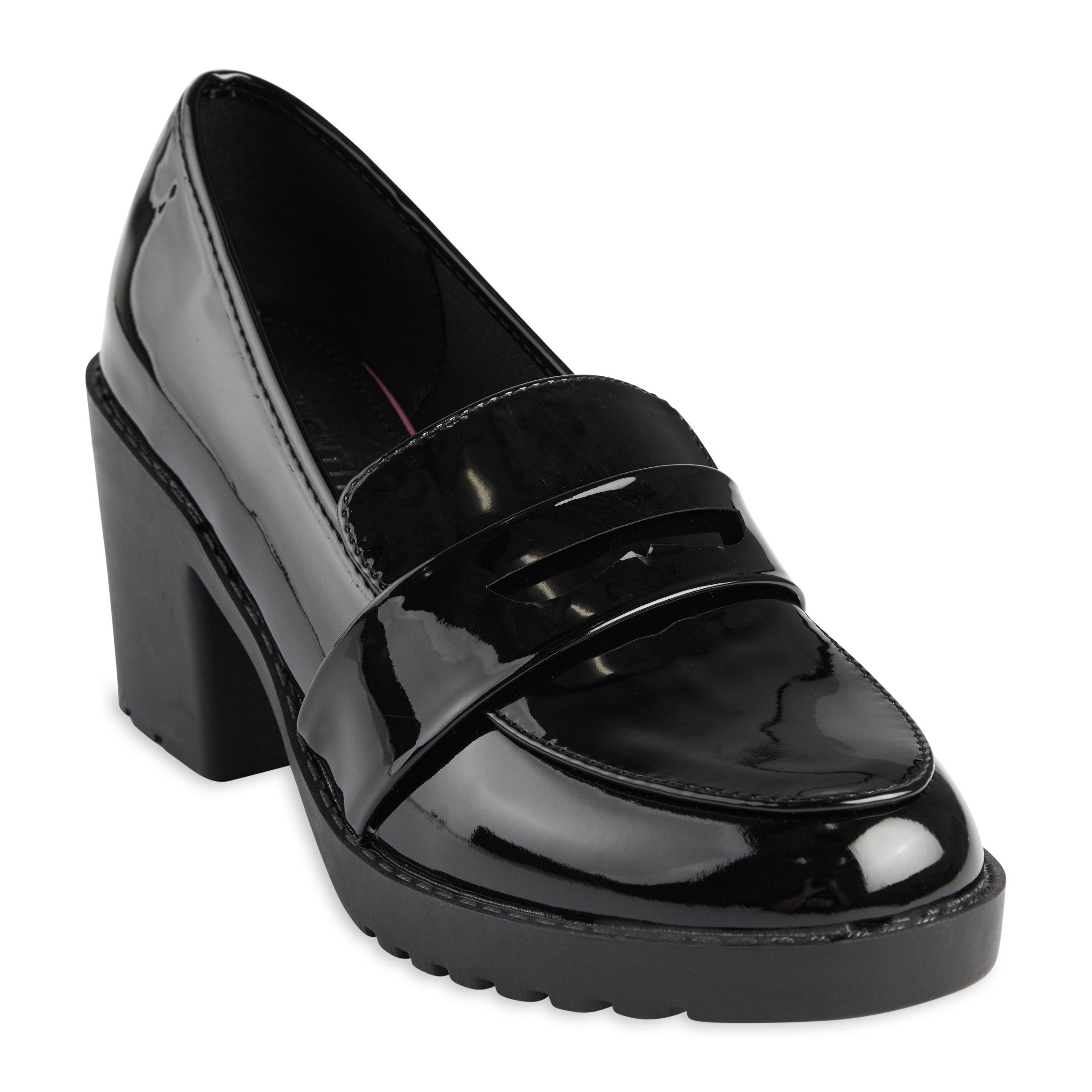 Ladies black heeled loafers best sale