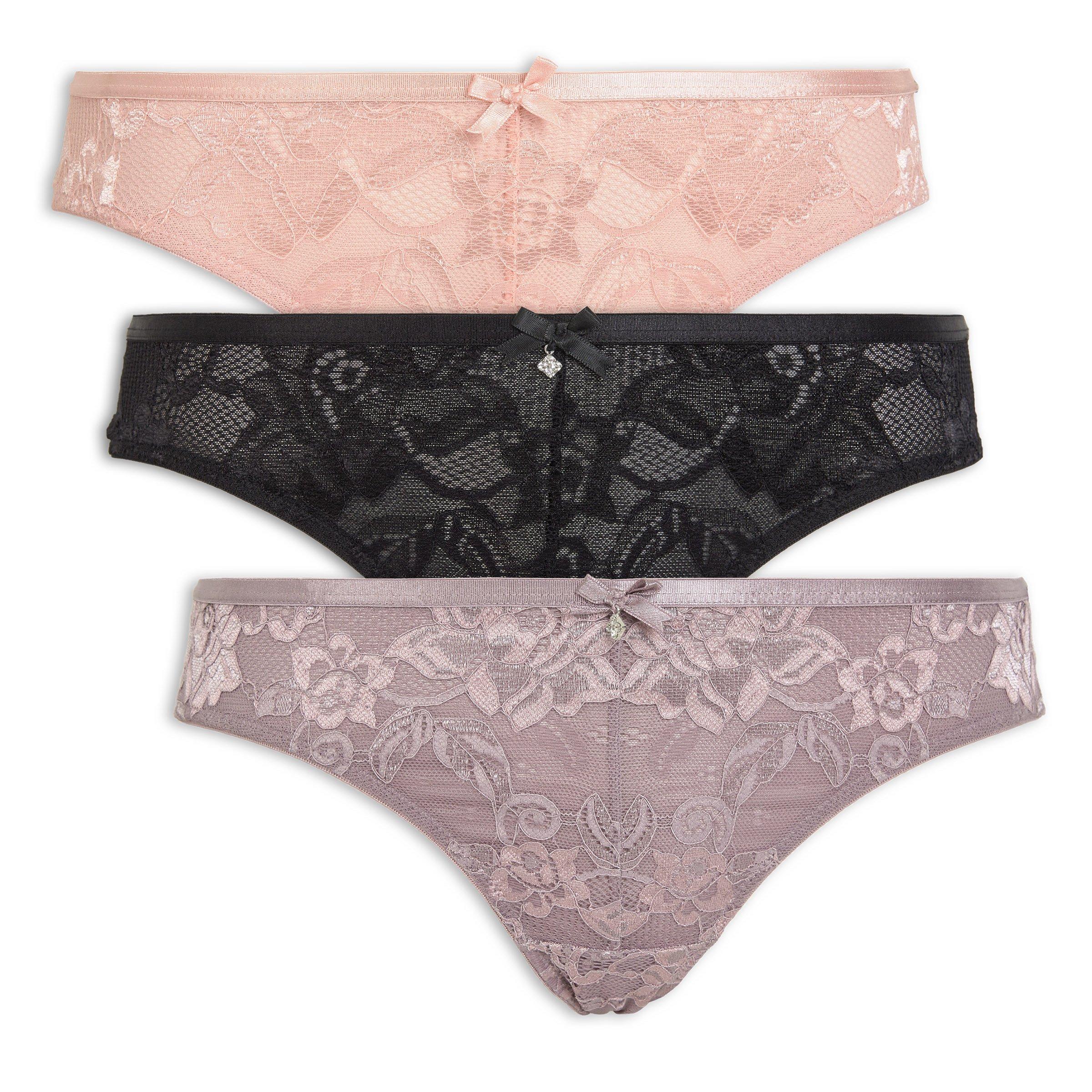 3 PACK Black & Pink Lace Low Rise Brazillian Knickers