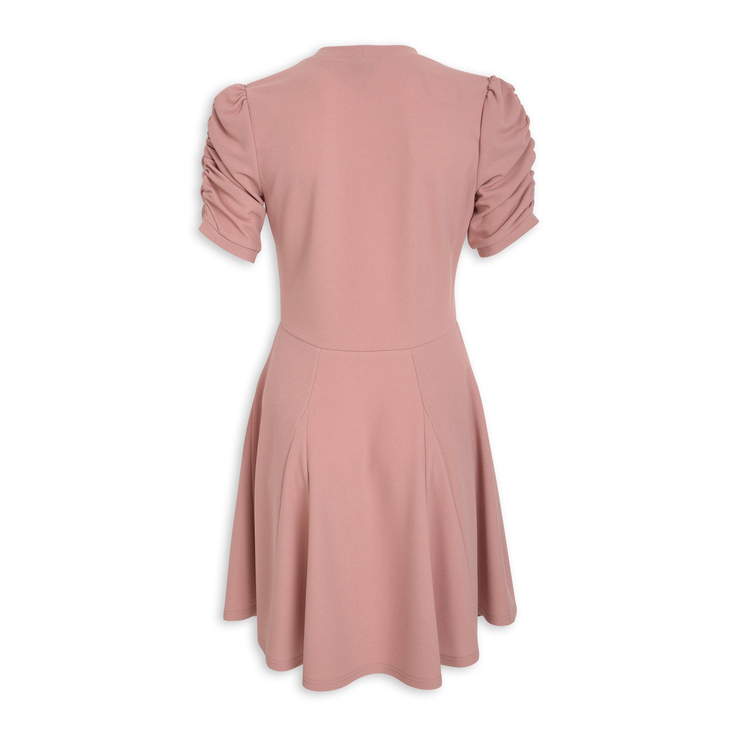 slim fit dress slacks Hot Pink Puff Sleeve Fit & Flare Dress with Smocked Waist & Keyhole Back main image 0