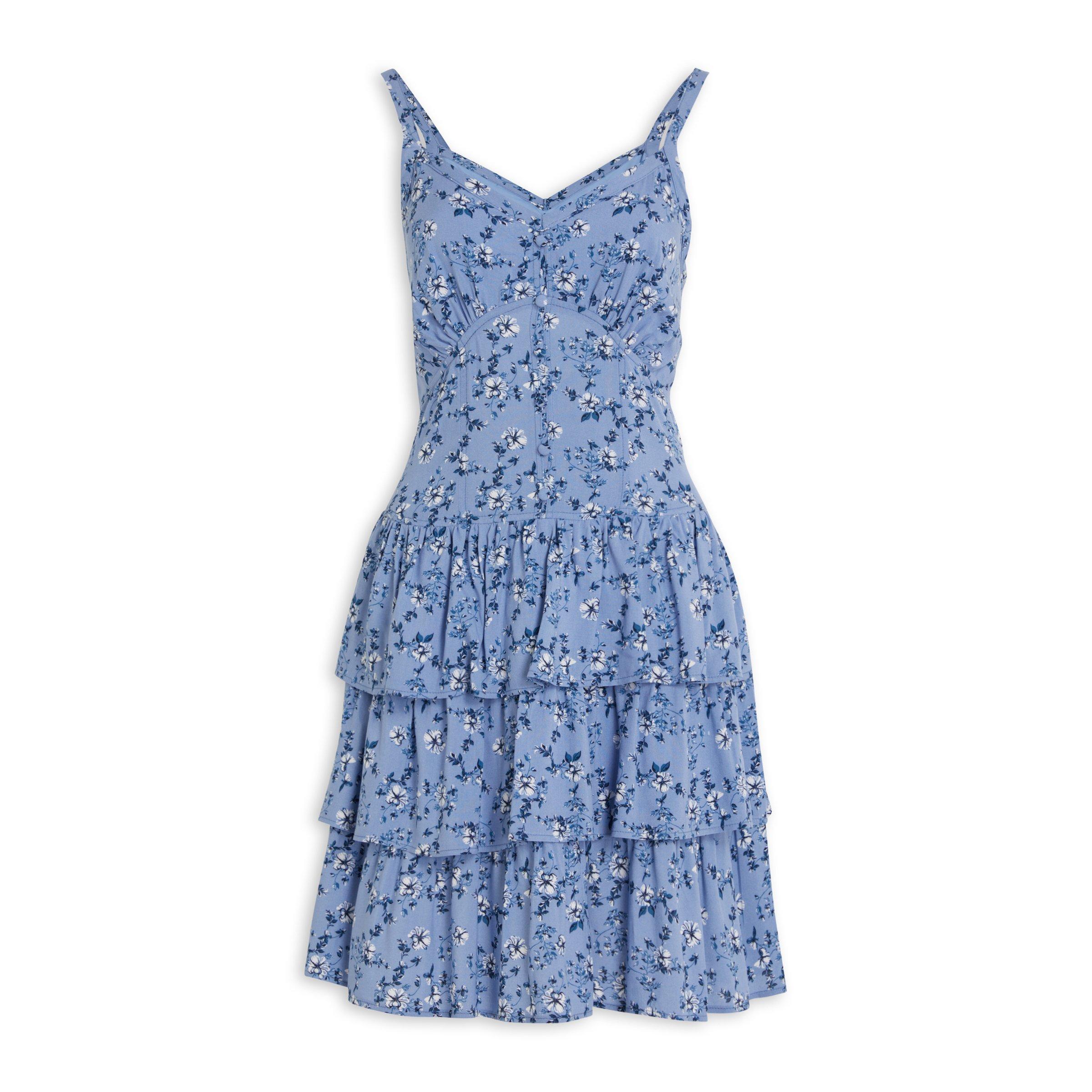 PRINTED TIERED DRESS - Blue / White