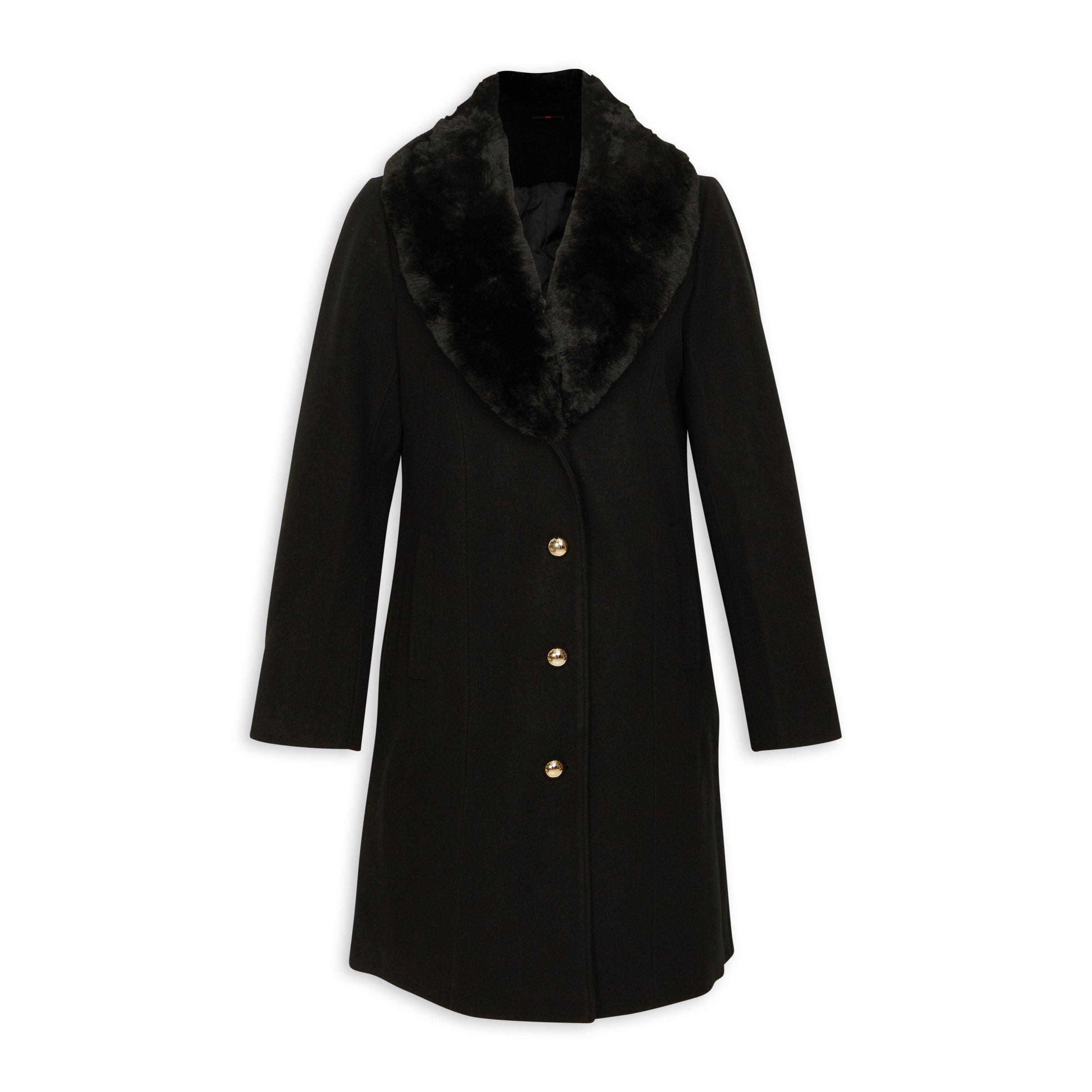Black Faux Fur Trim Coat (3129704) | Identity
