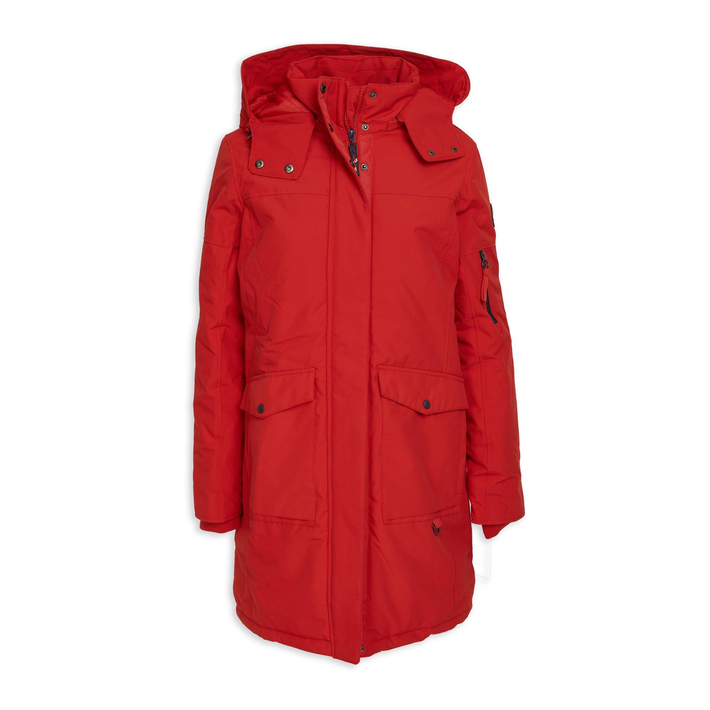 Red and black puffer jacket sales
