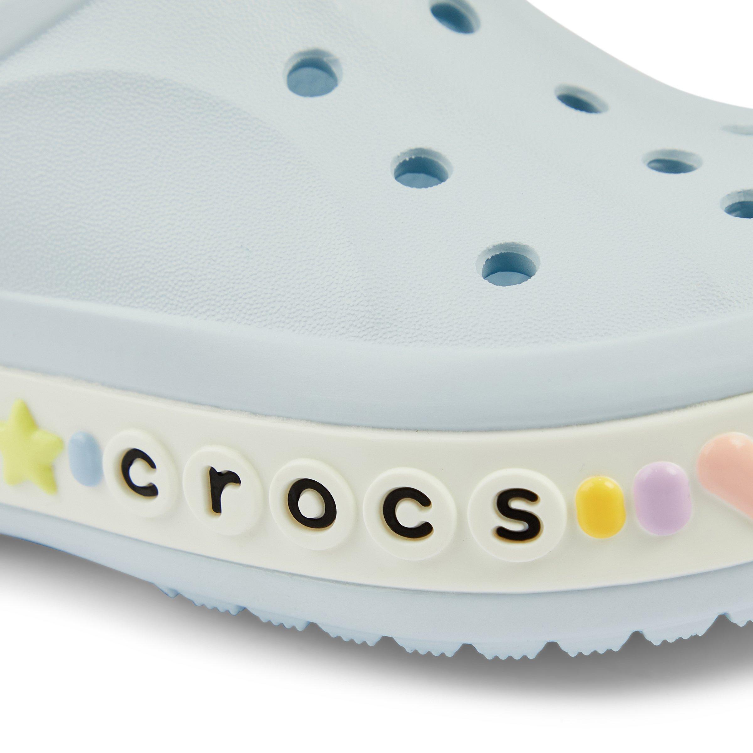 White crocs with on sale rainbow letters