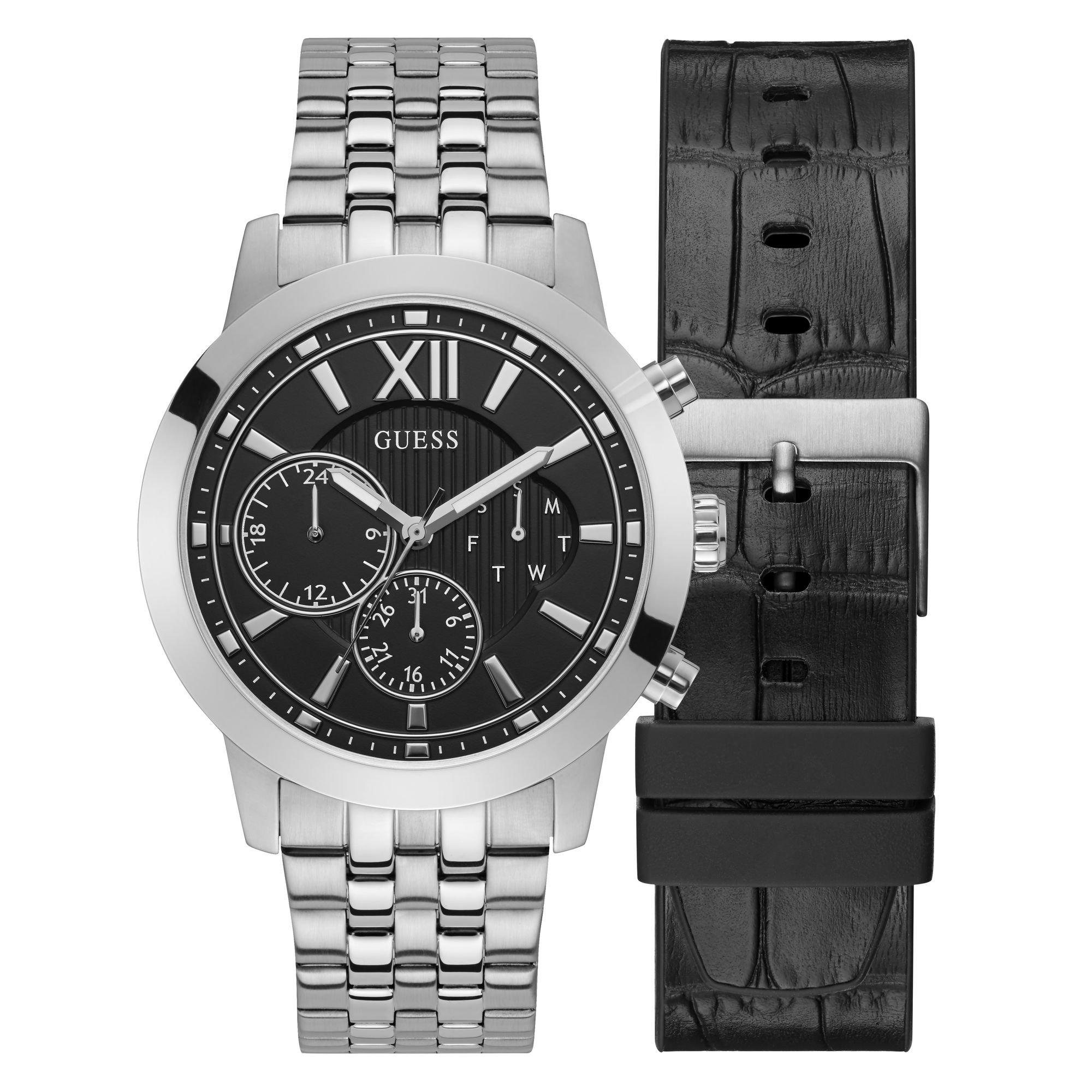 Steel And Black Leather Watch Gift Set 3145921 GUESS