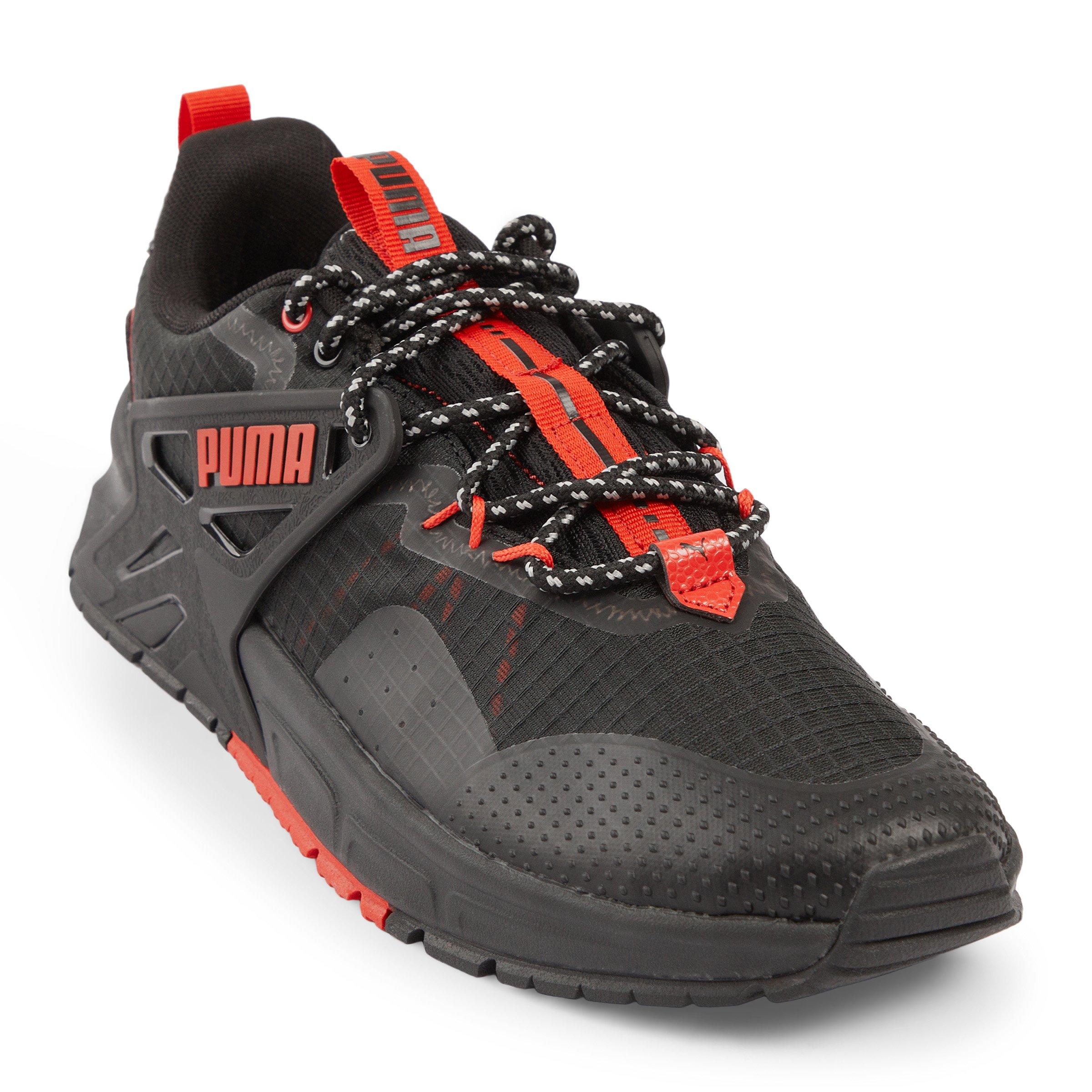 Red and black track shoes top