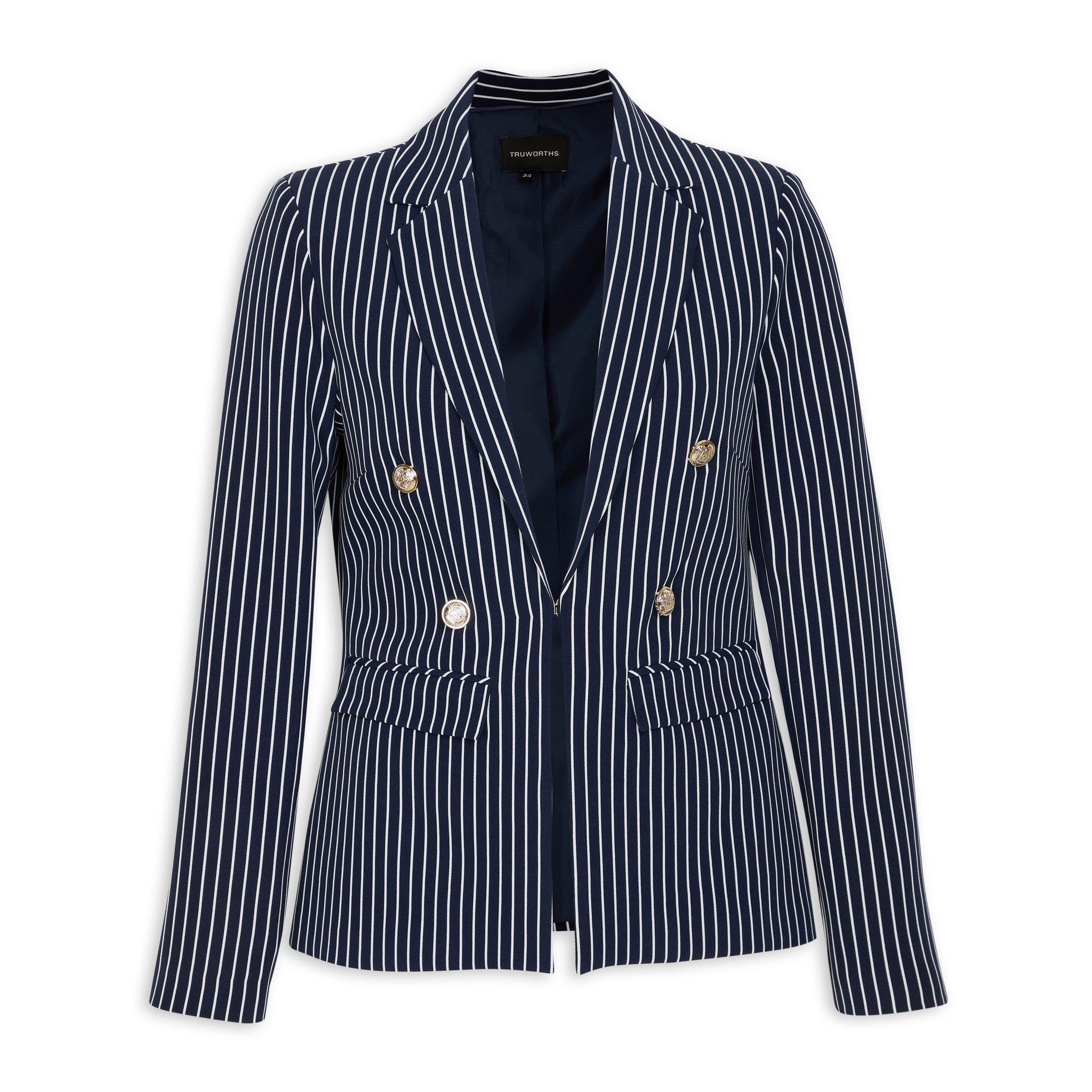 Navy and white striped blazer sale