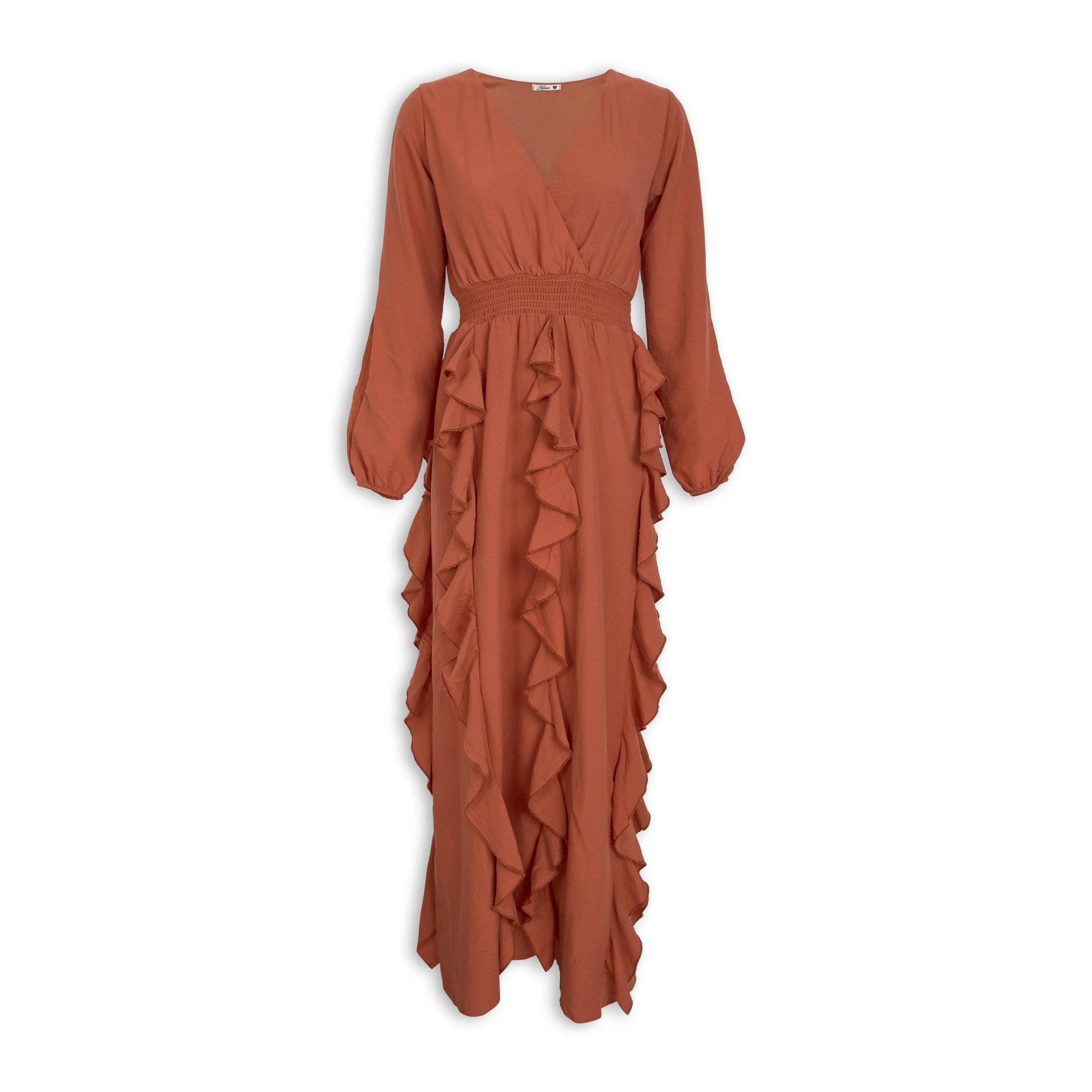 Burnt Orange Shirred Frill Maxi Dress 3162481 Kameo