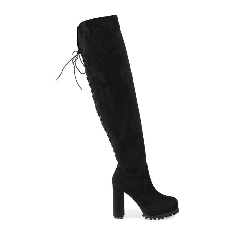 Black Suede Knee High Boot With Tie Detail 3173525 Chic