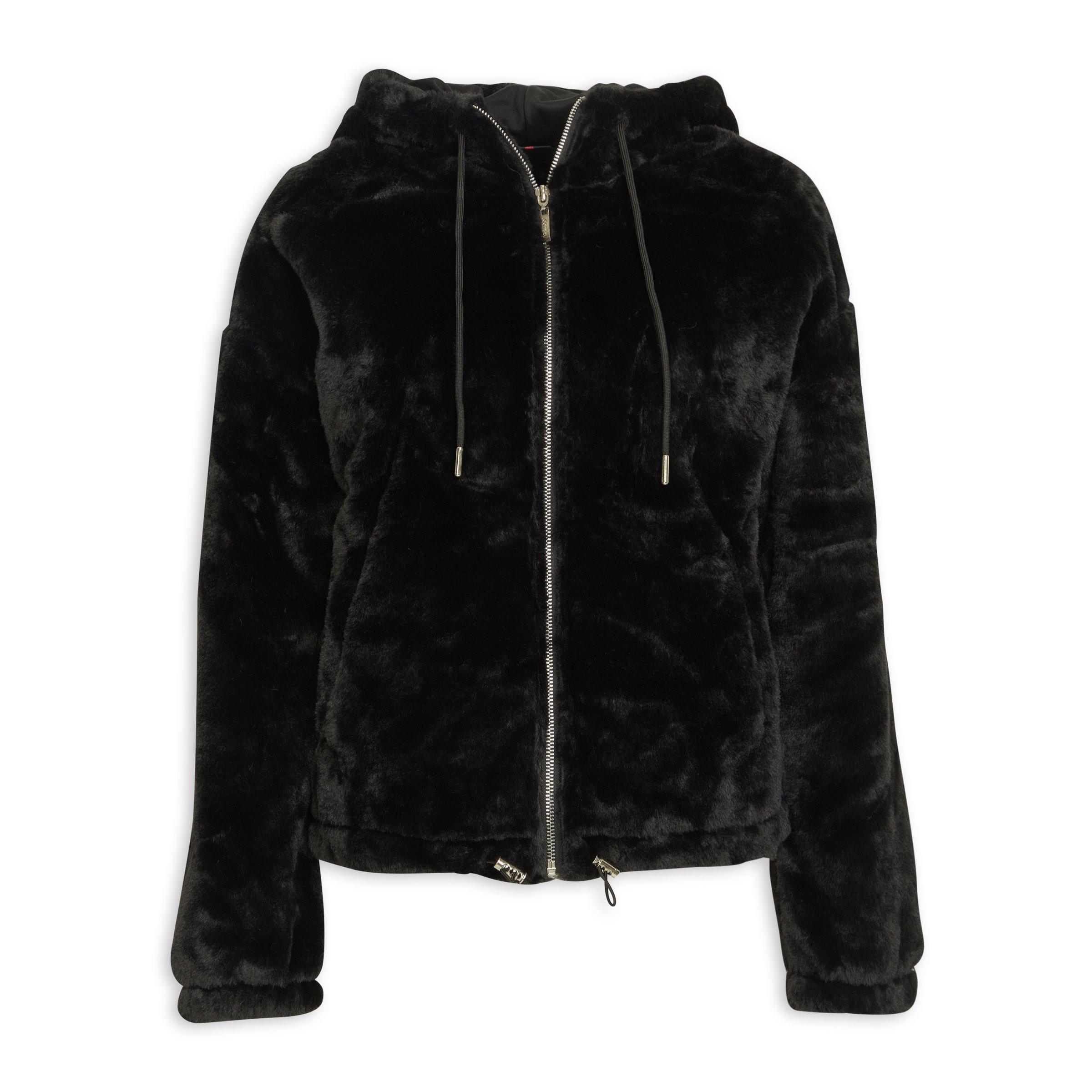 Black Hooded Faux Fur Jacket (3194057) | Identity