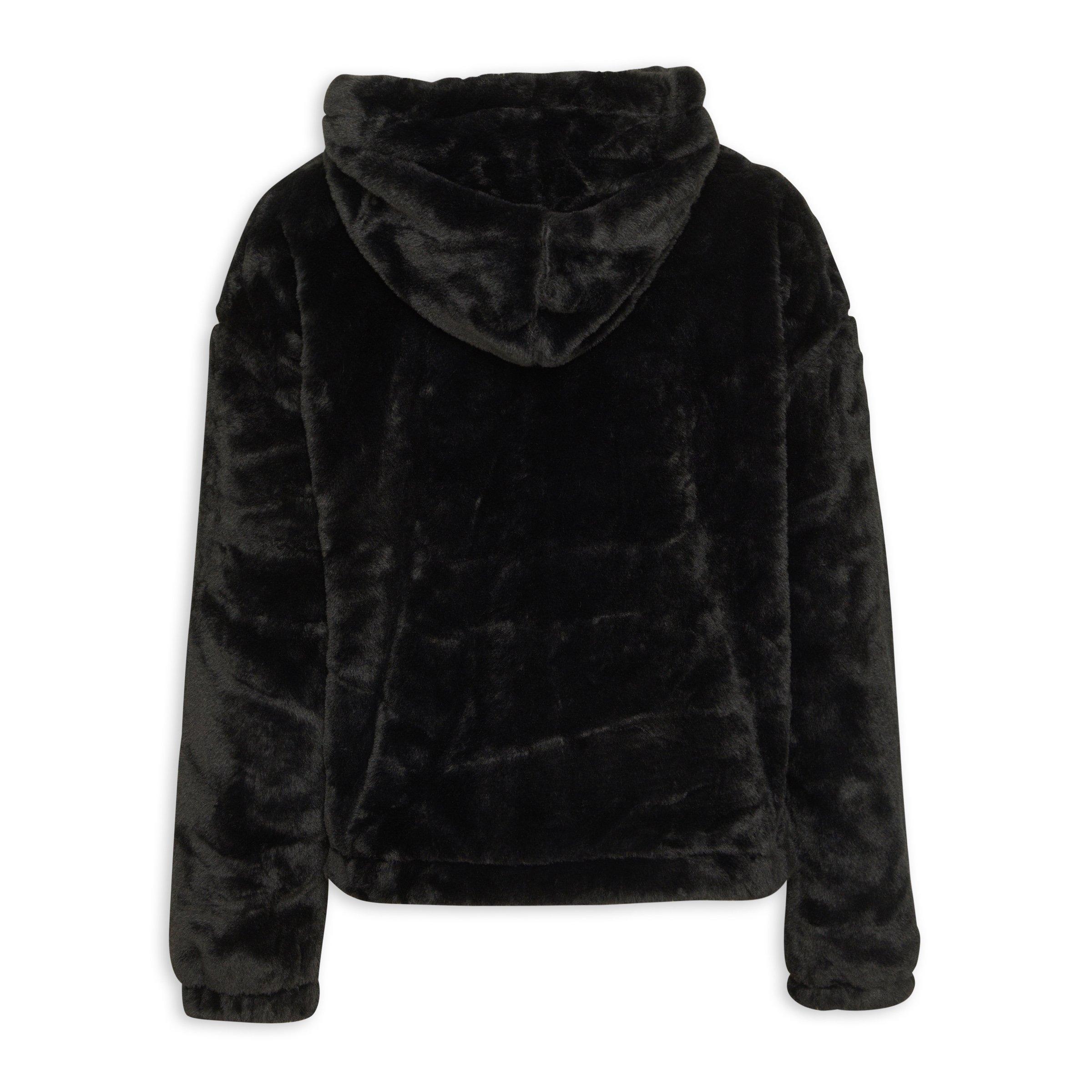 Black Hooded Faux Fur Jacket (3194057) | Identity