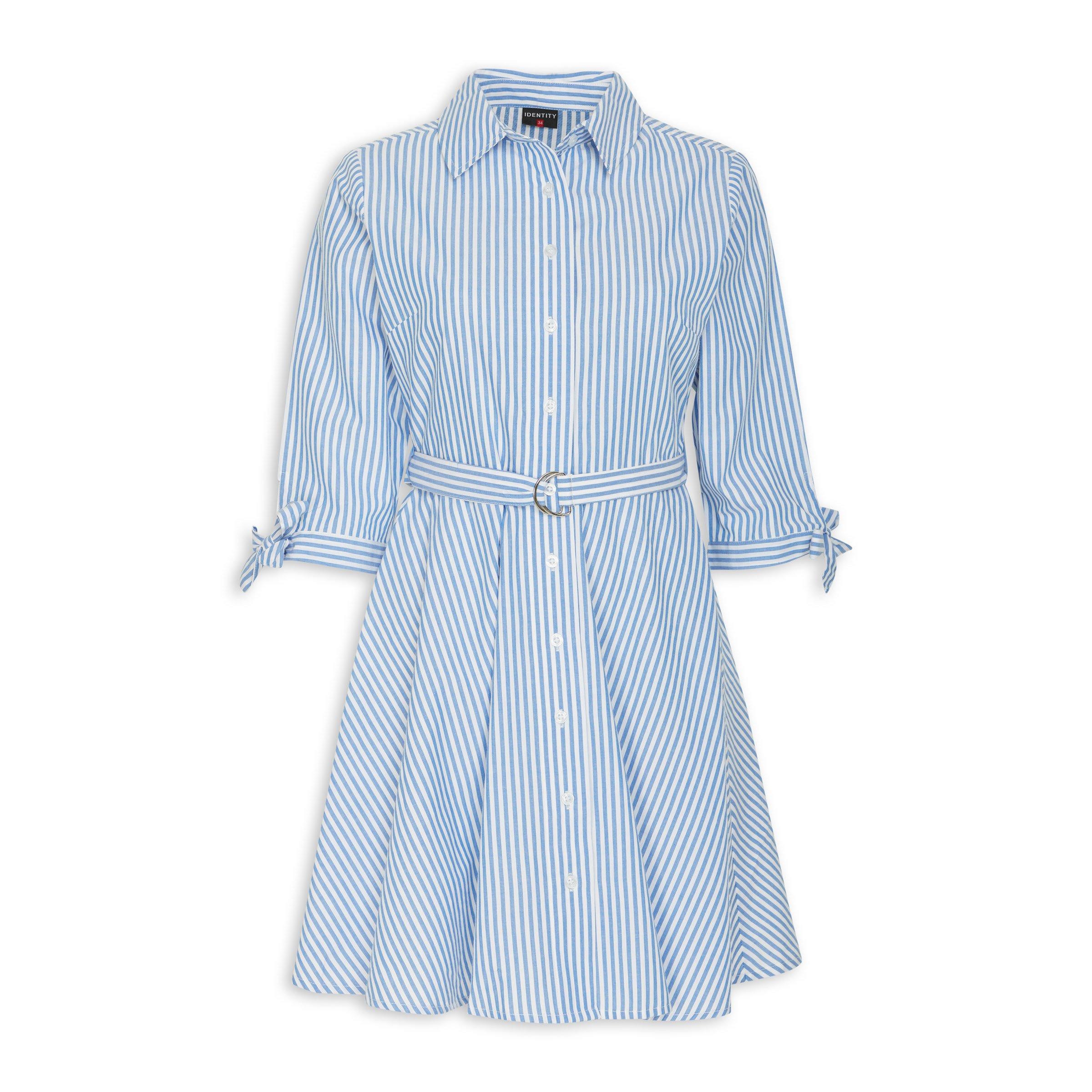 blue and white striped collared dress Shirt (3194844) Style it belted for event:Work 90s Costume Ideas For Package:Cardigan, butterfly lace embroidery
