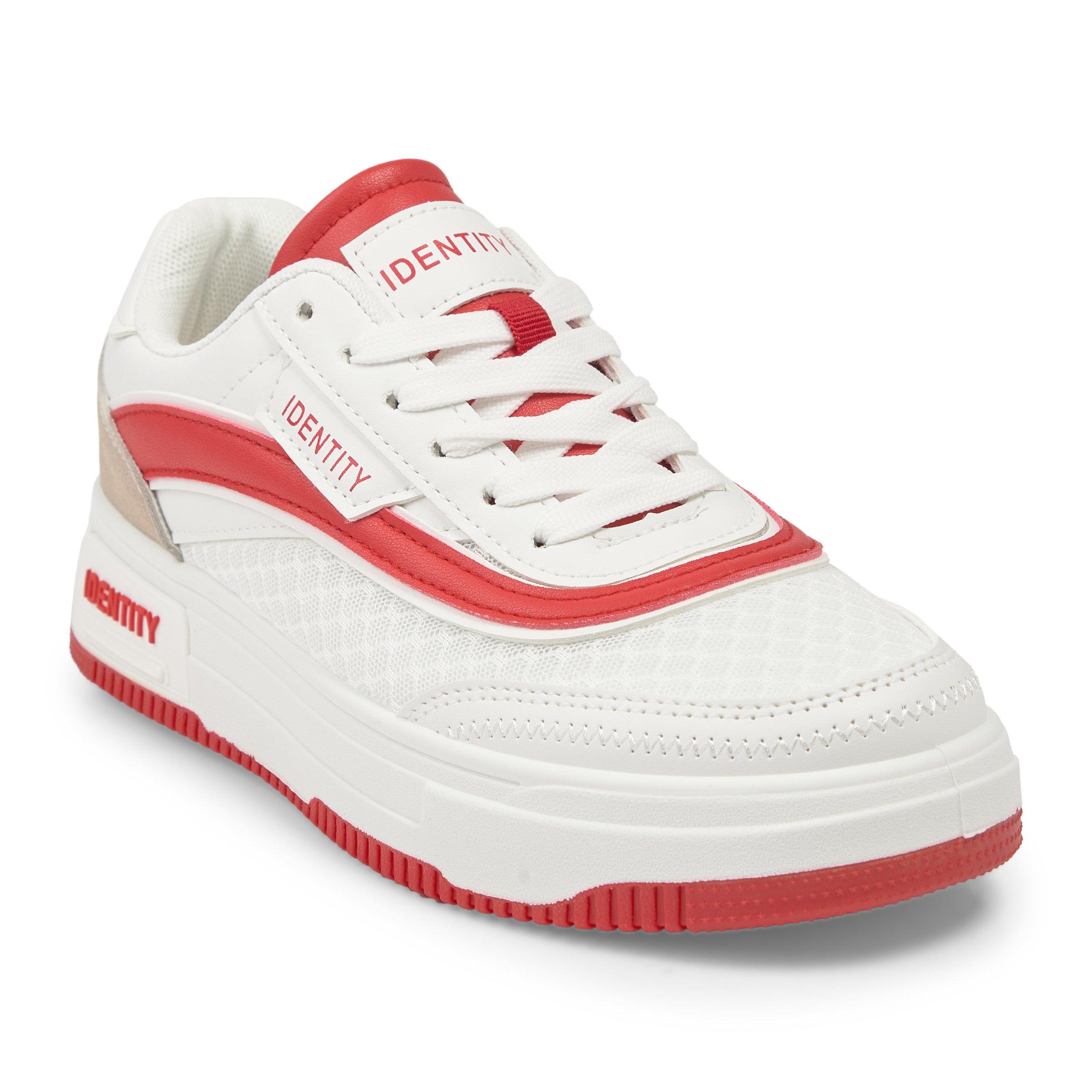 Red and white tennis shoes top