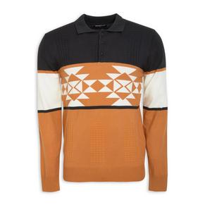 Black and Camel Aztec Print Golfer Shirt
