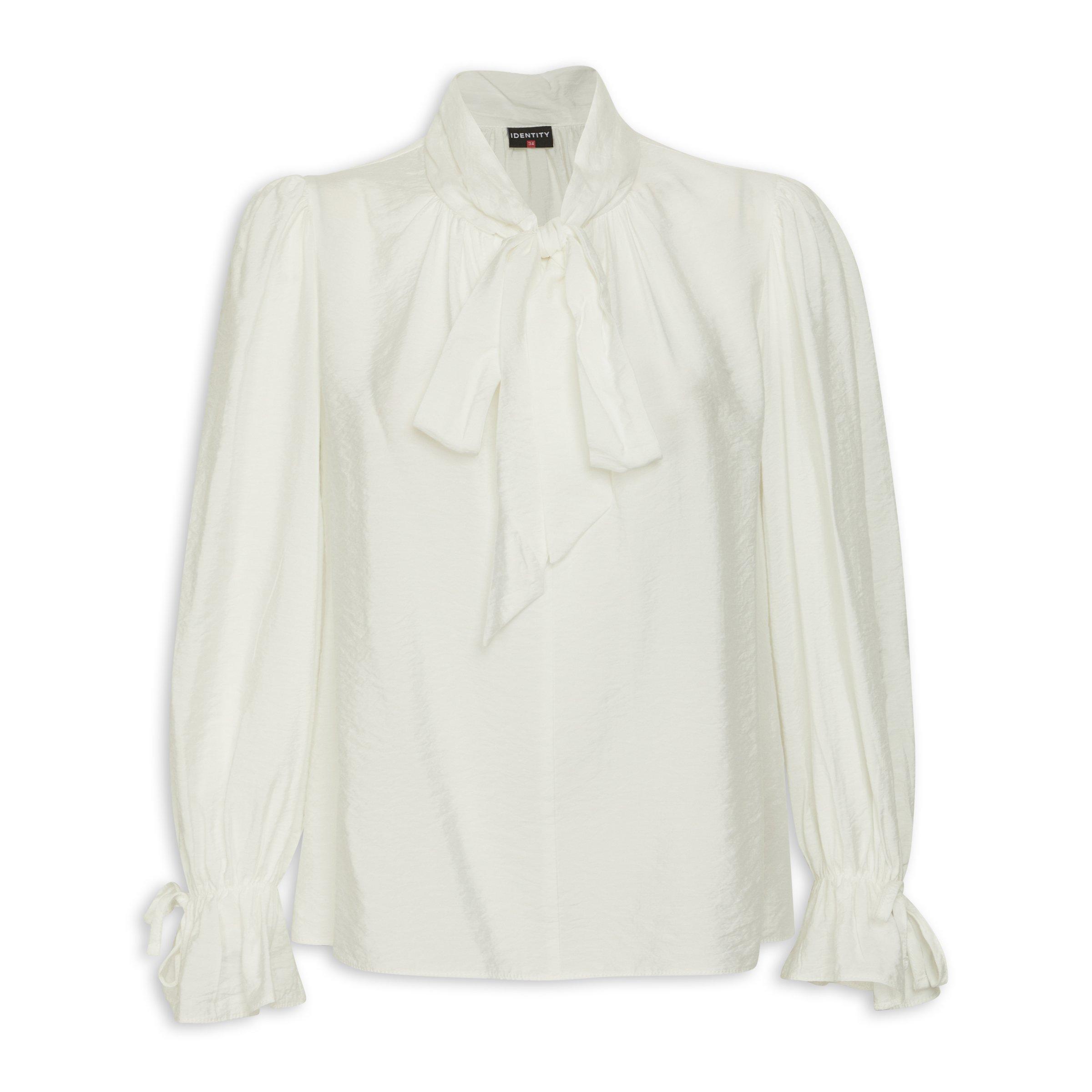 White Ruffle Blouse with Neck Tie (3206193) | Identity