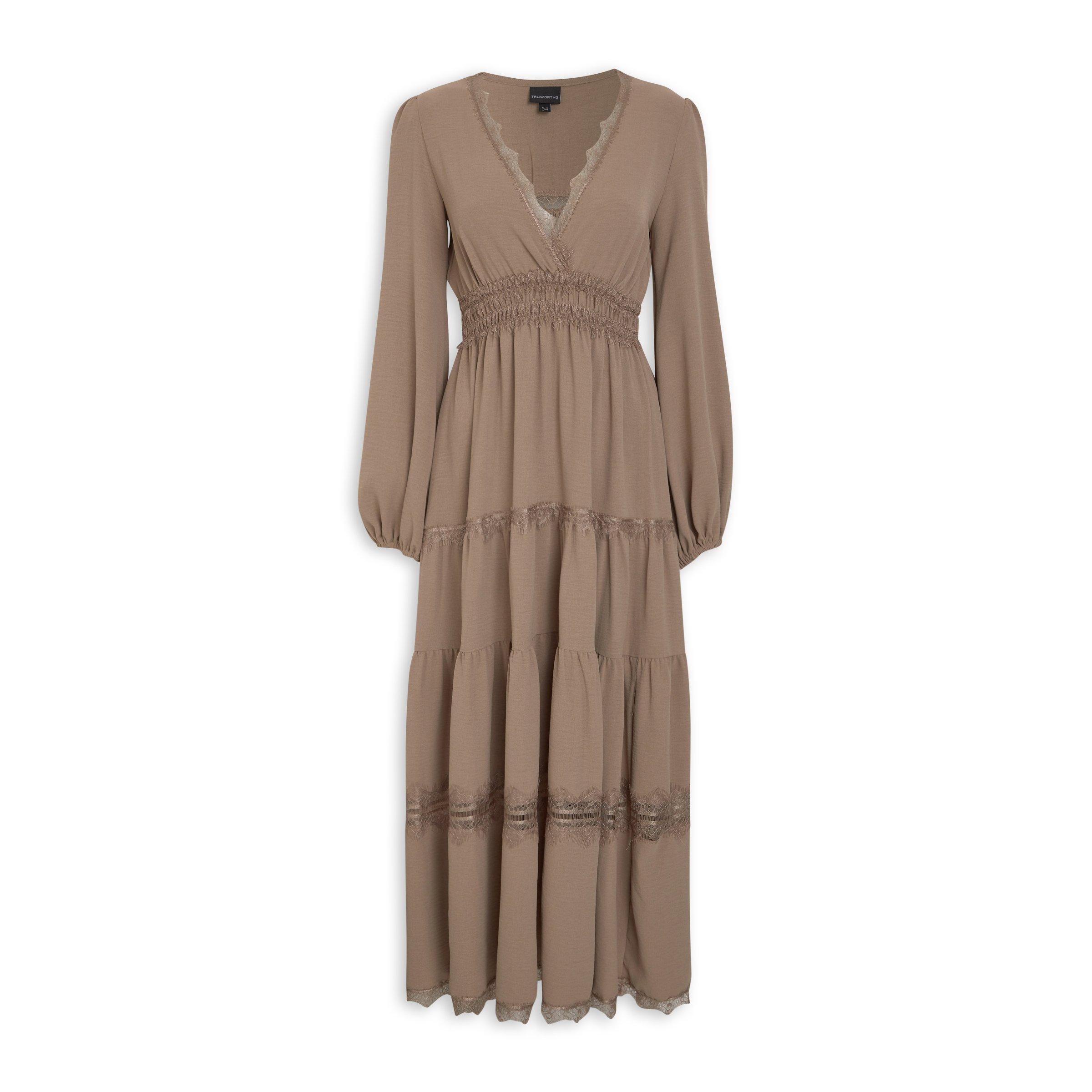 Tan Lace Trim Tiered Dress