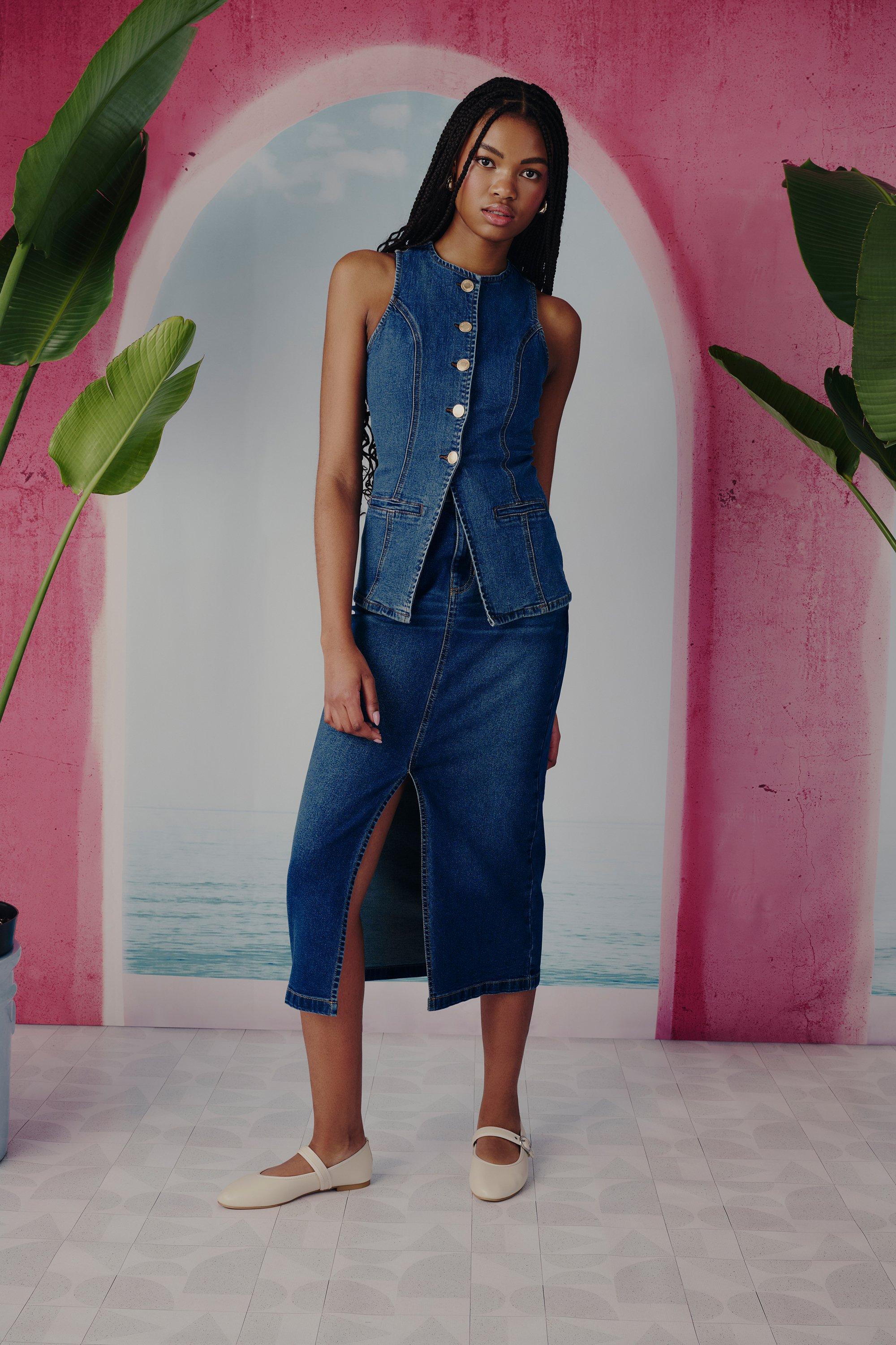 Blue Pencil Skirt with Front Slit (3209730) | Identity