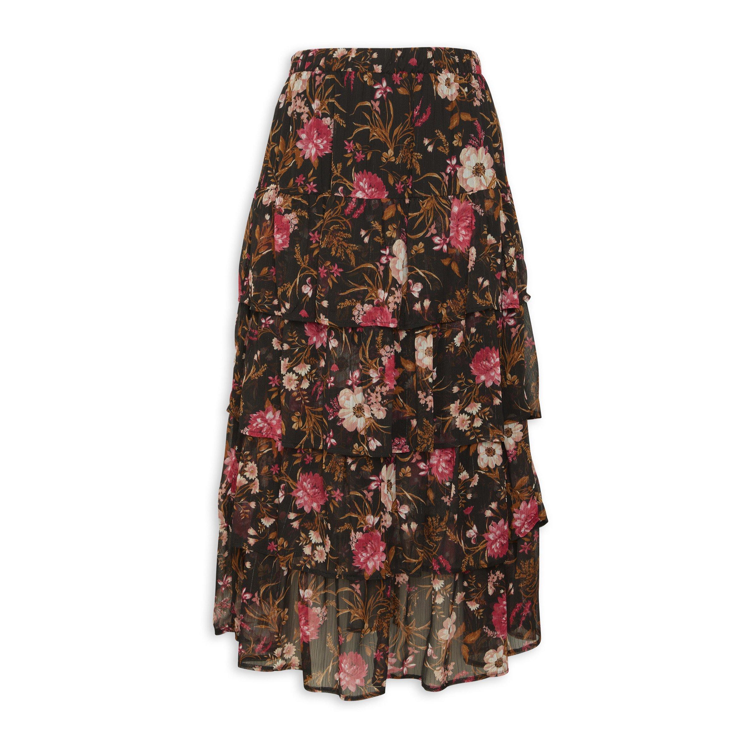 Black Tiered Floral Print Skirt (3210142) | Identity
