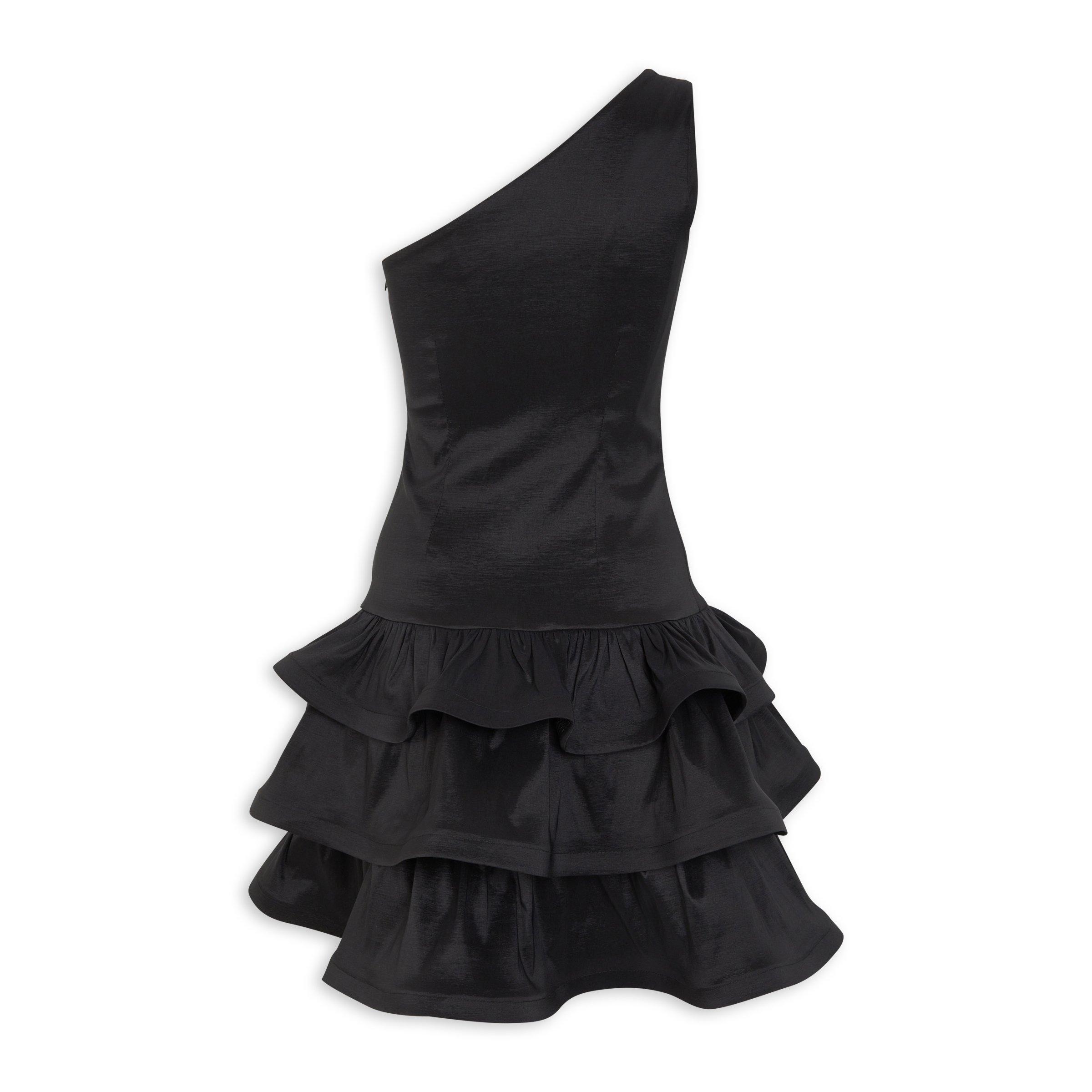 Black One Shoulder Taffeta Ruffle Dress (3211759) | Identity