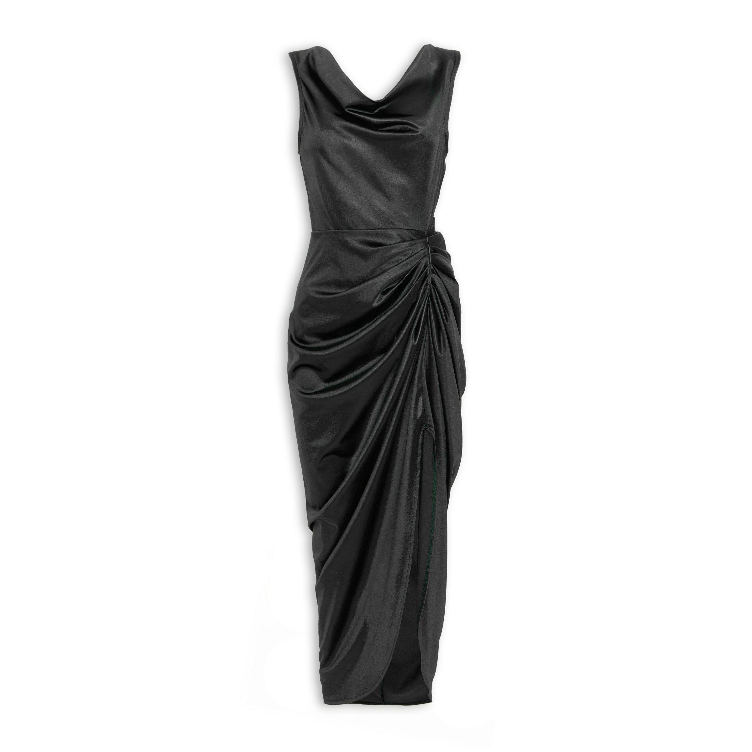 Black Cowl Pleated Satin Maxi Dress (3215685) | Kameo
