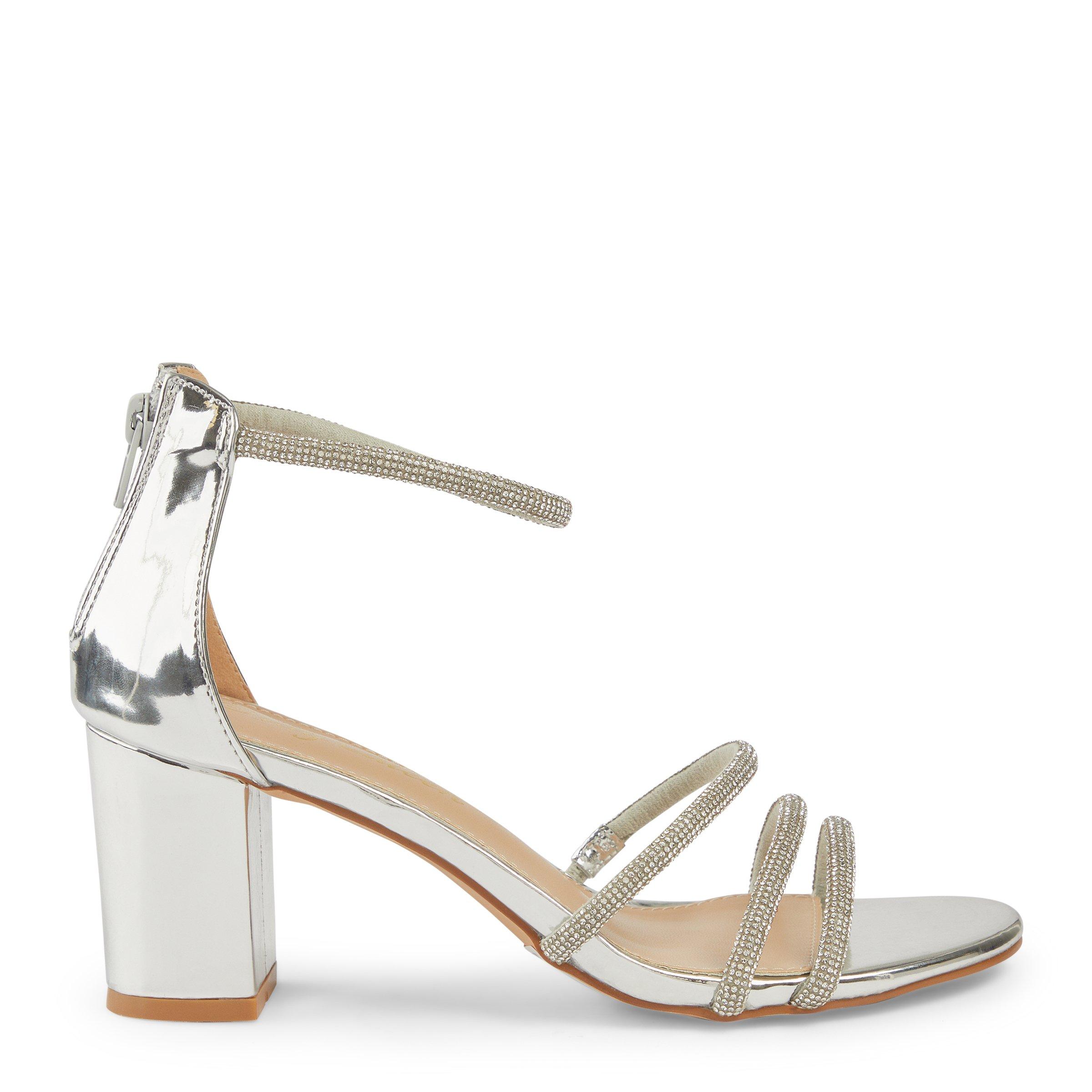 Silver Diamante Low Block Heels