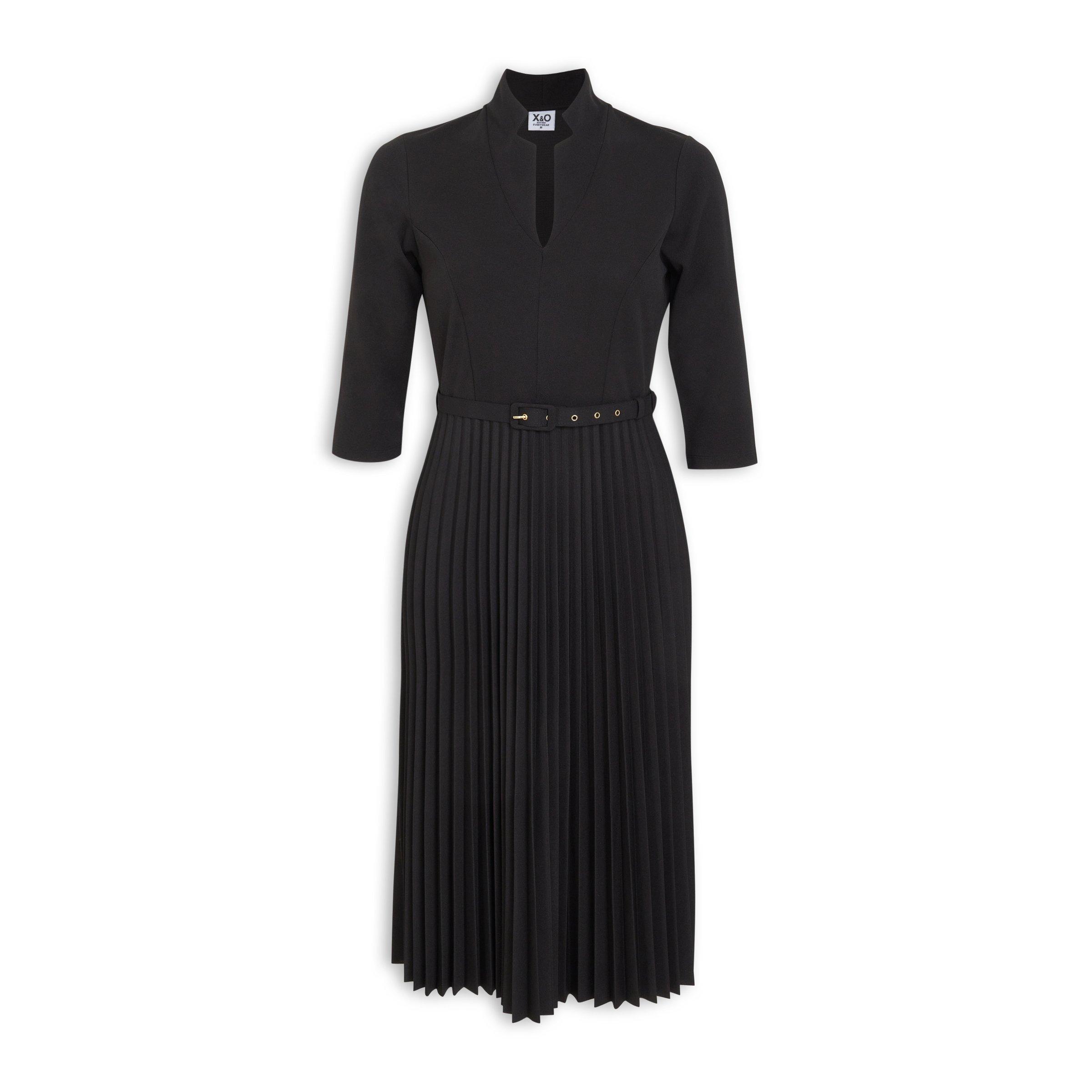 Black Pleated Revere Belted Dress (3220883) | X&O Ladies