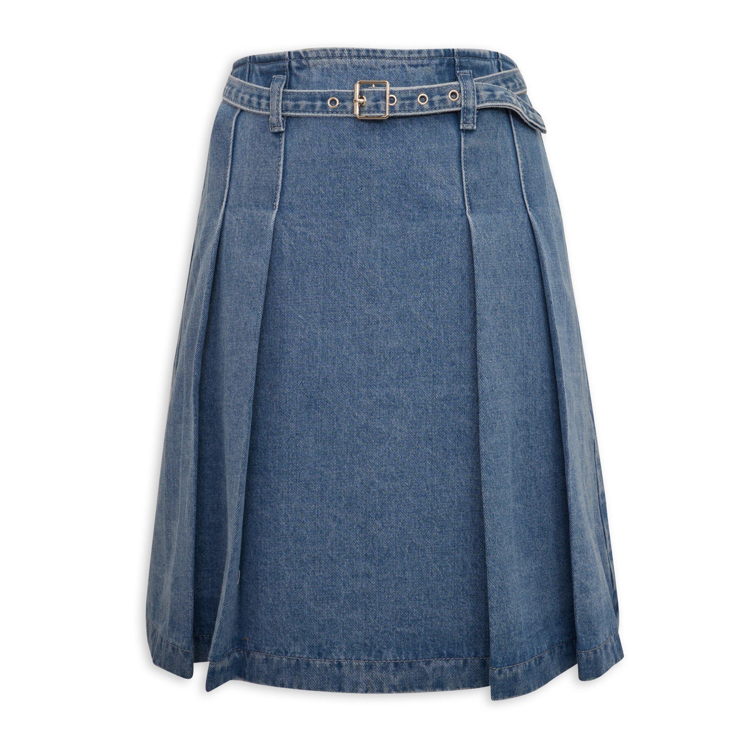 Light Wash Blue Denim Pleated Belted Skirt (3228497) | Identity