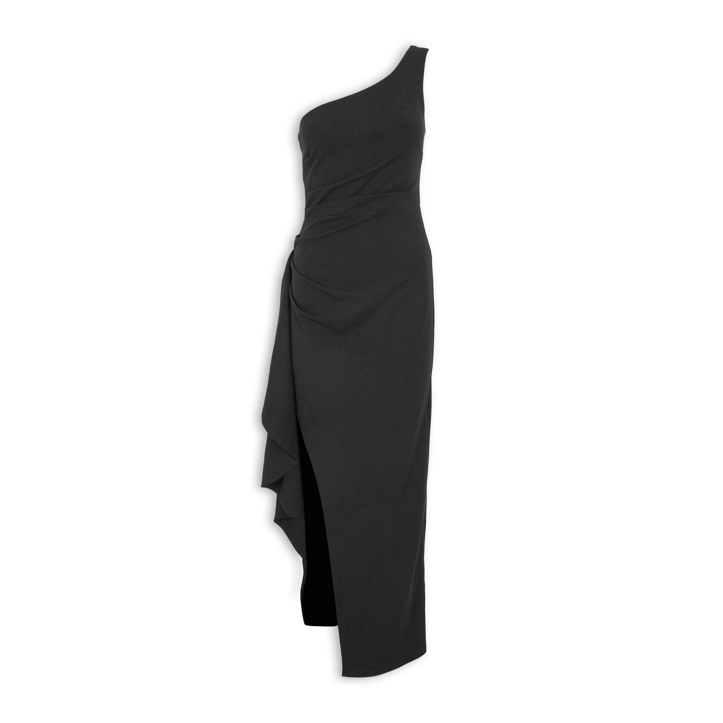 strapless open back dress Lylah Asymmetric Neckline Mesh Maxi Dress Black