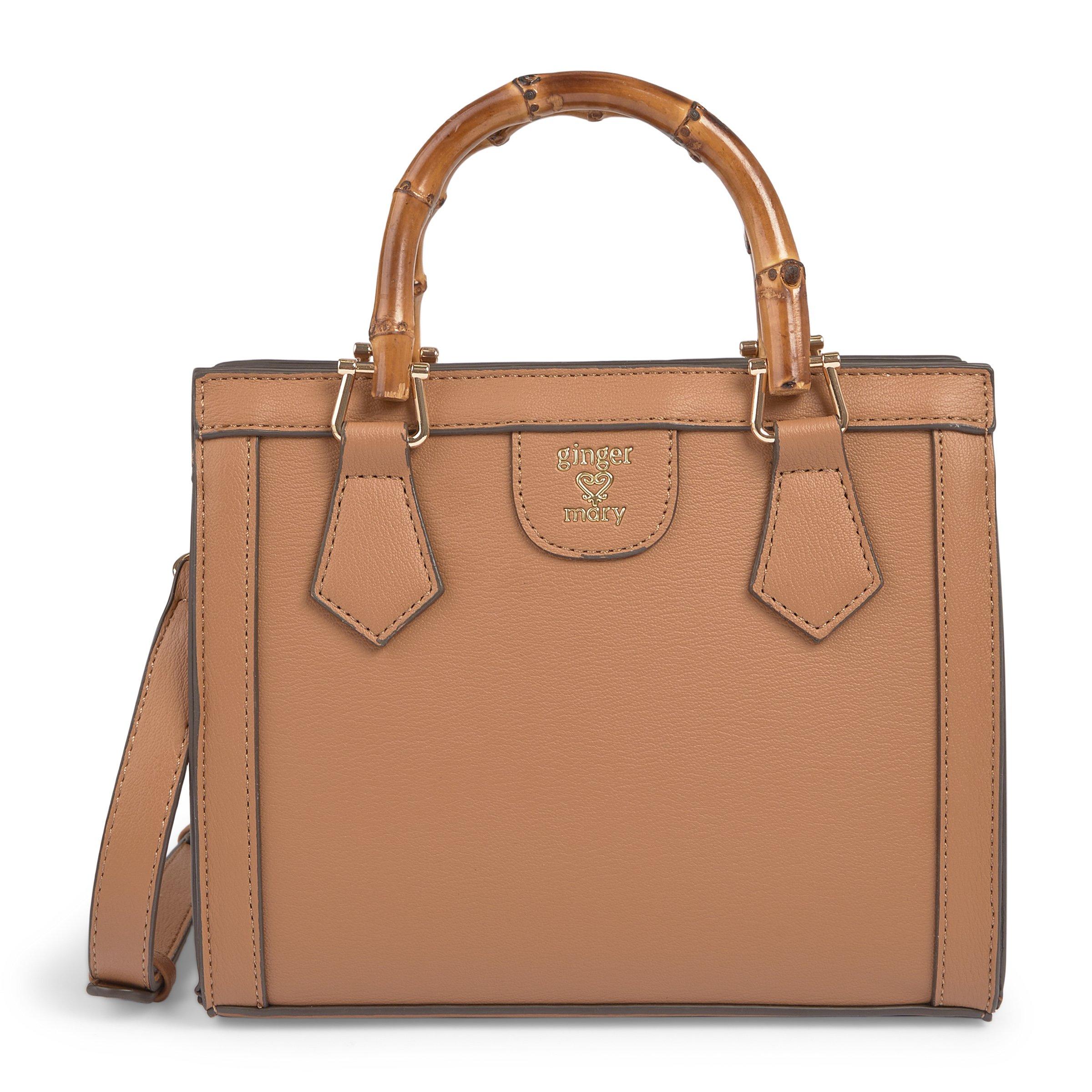 Tan Leather Satchel with Bamboo Handle (3232990) | Ginger Mary