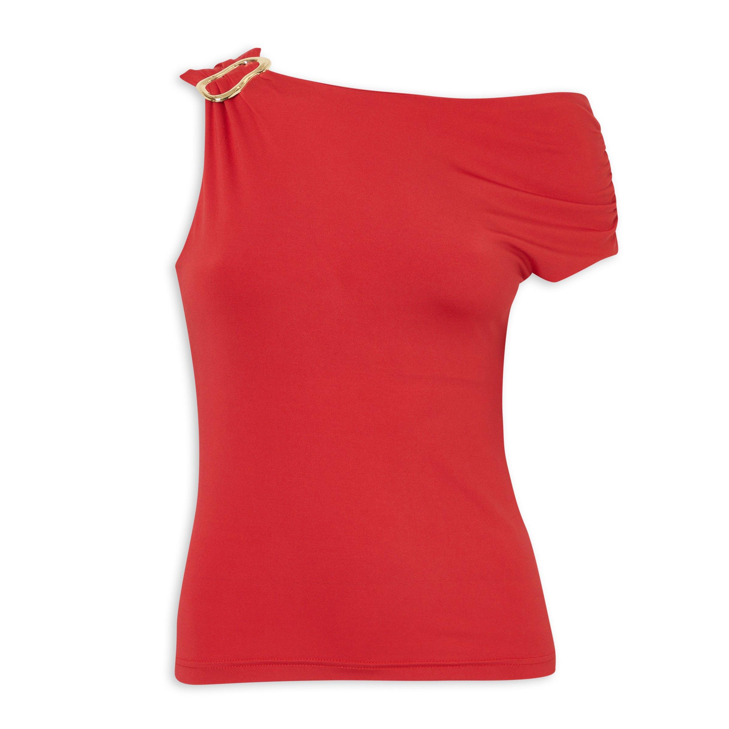 Red Fitted Top Asymmetric Gold Trim Top (3233962) | Identity