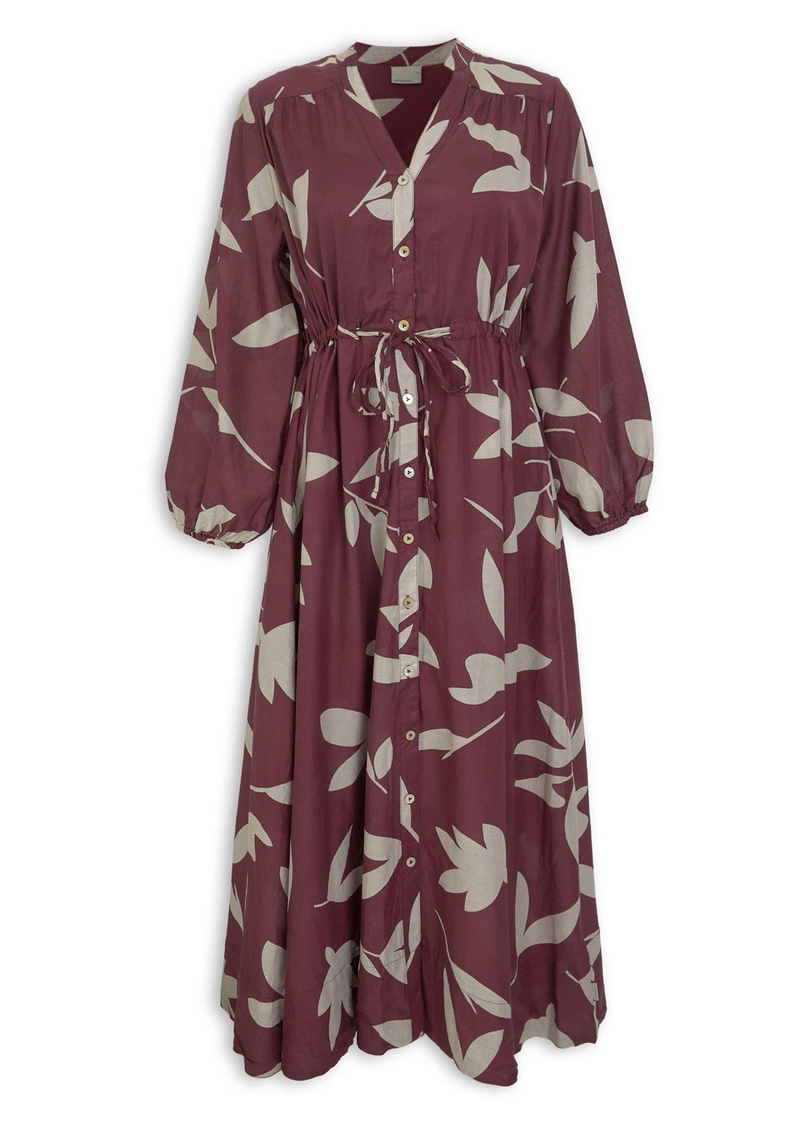 Burgundy Floral Long Sleeve Midi Dress (3235966) | Earthaddict