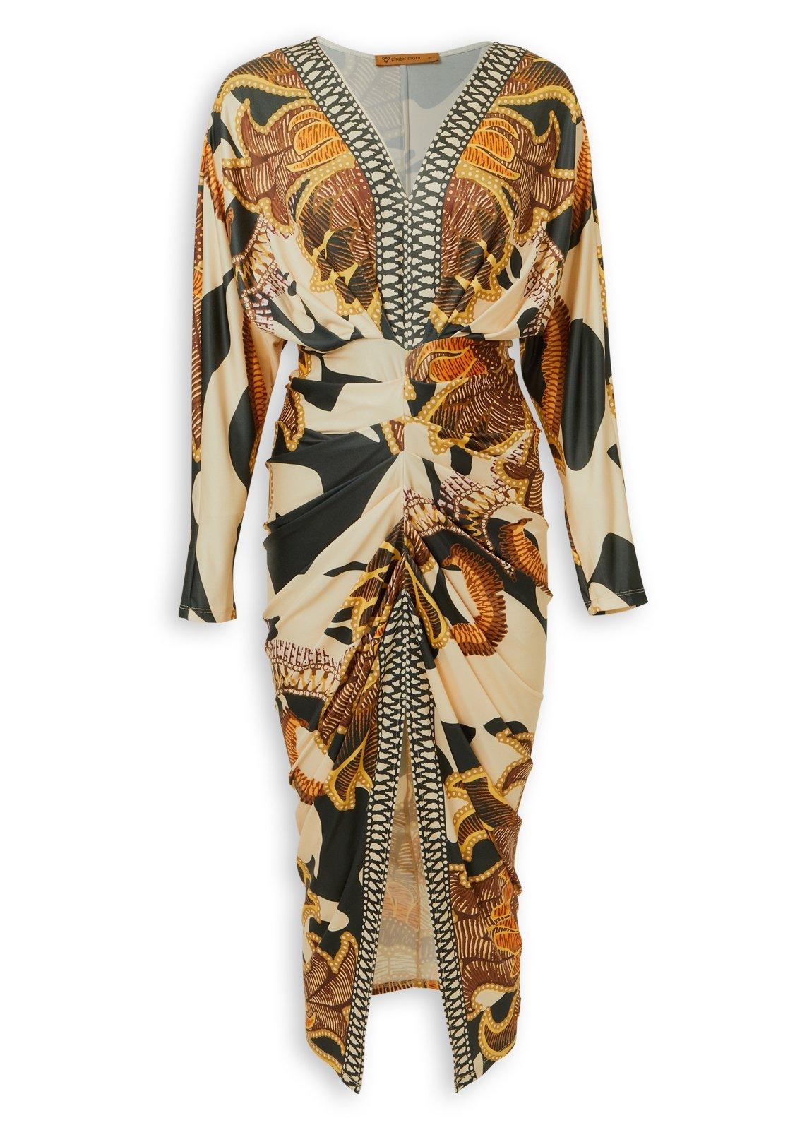 Printed V-Neck Ruched Midi Dress (3237386) | Ginger Mary
