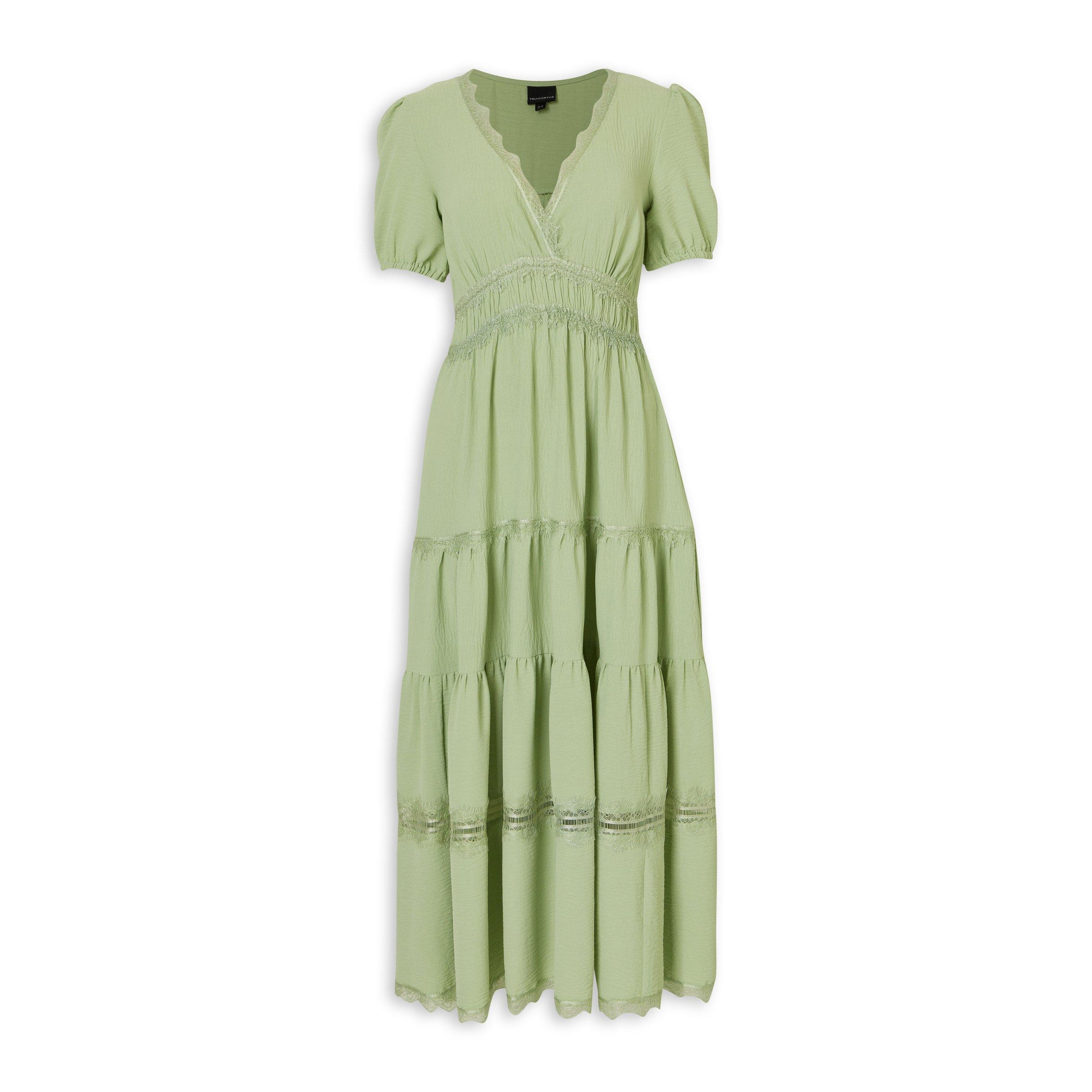Green Lace Trim Tiered Dress (3240062) | Truworths