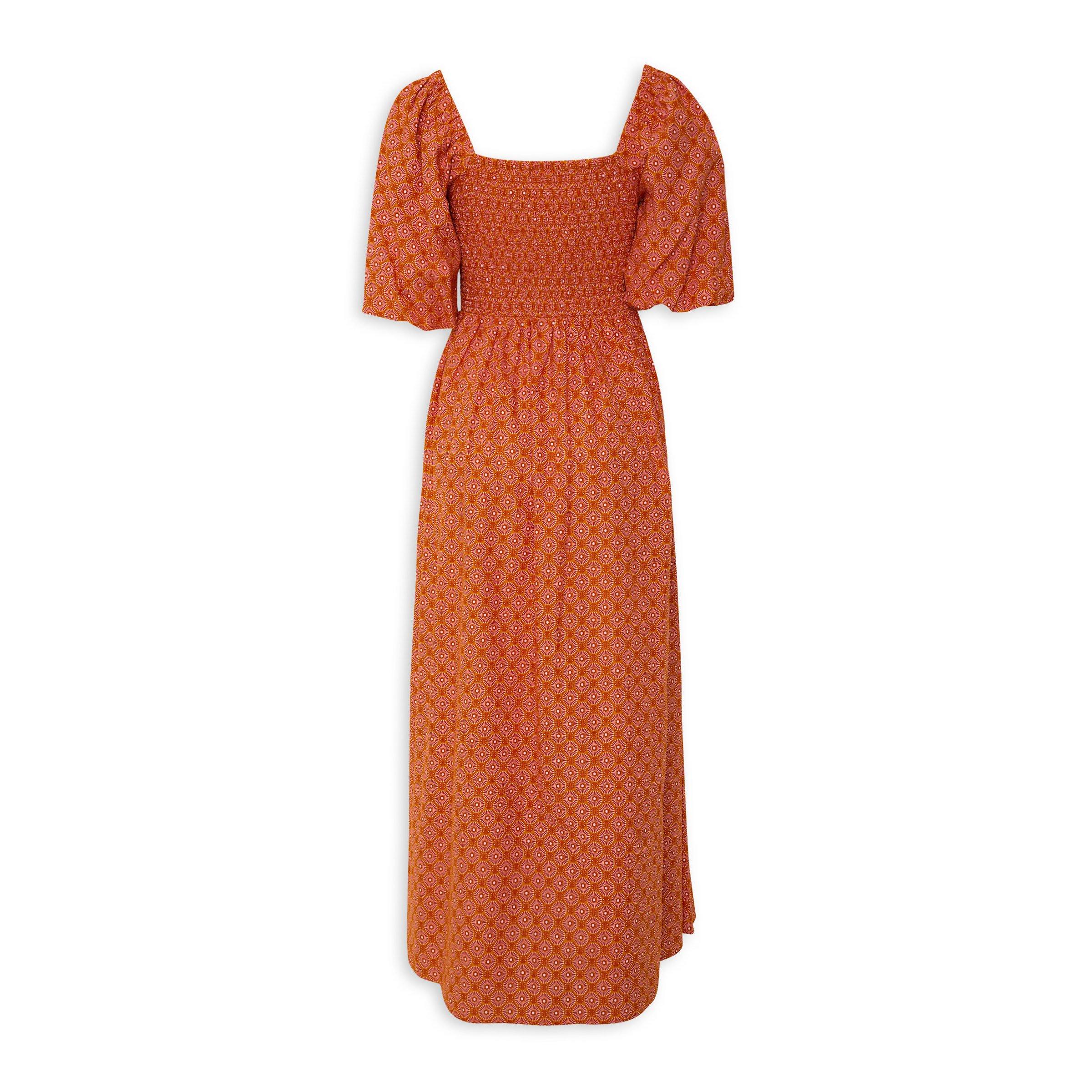 Orange Smocked Puff Sleeve Maxi Dress (3240313) | Ginger Mary