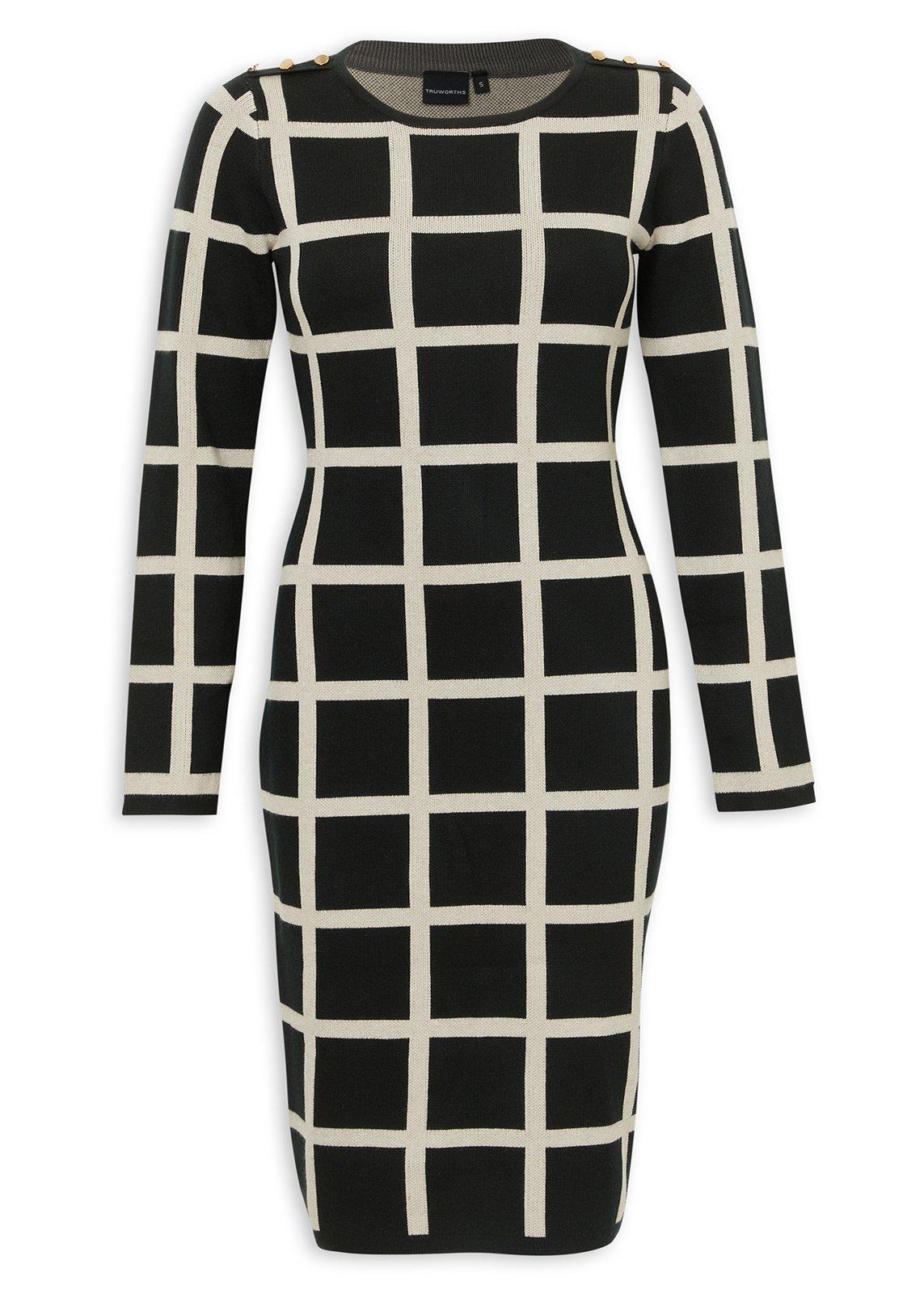 Black and White Check Knit Midi Dress (3240369)