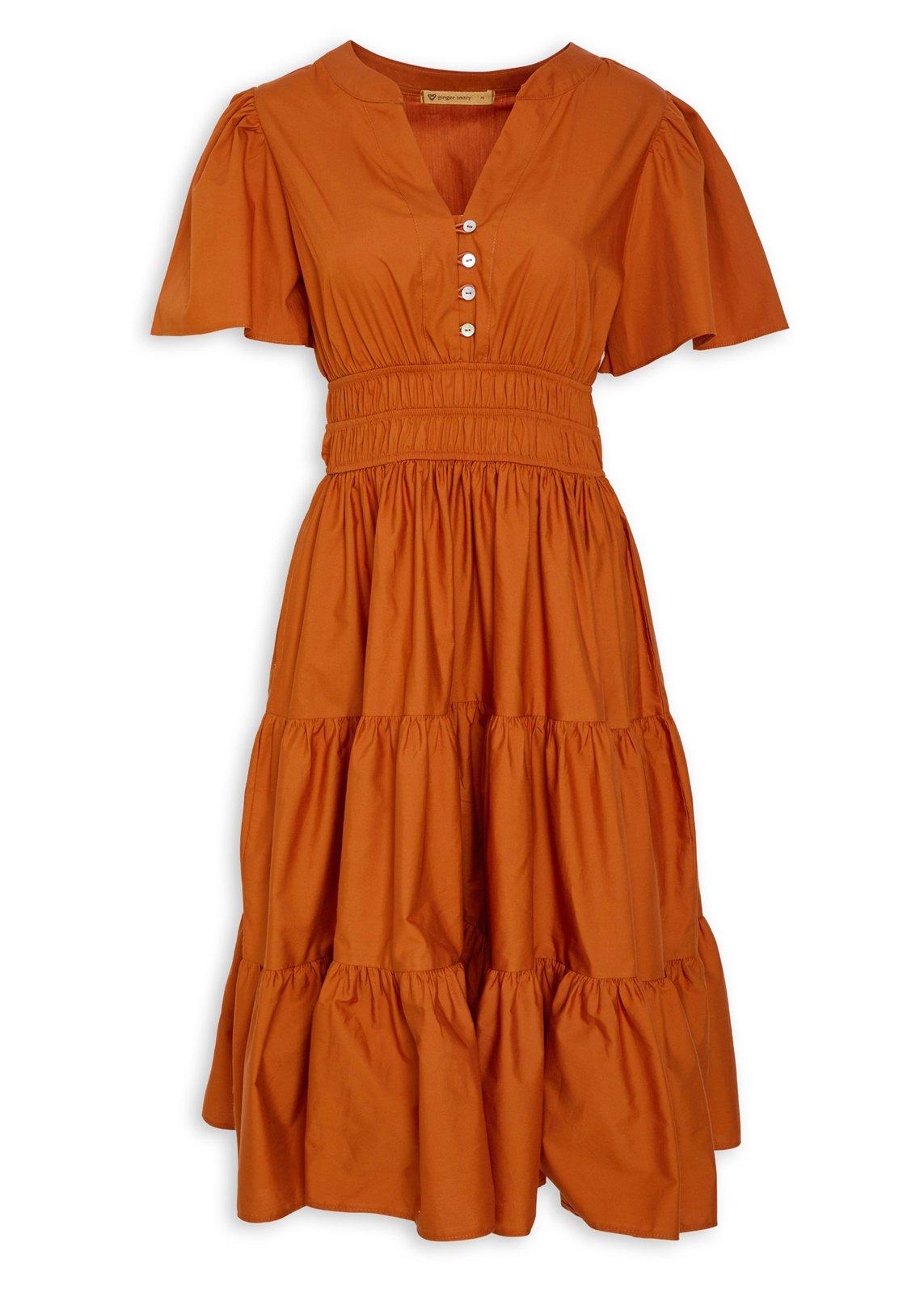 Burnt Orange Smocked Tiered Midi Dress (3240652) | Ginger Mary