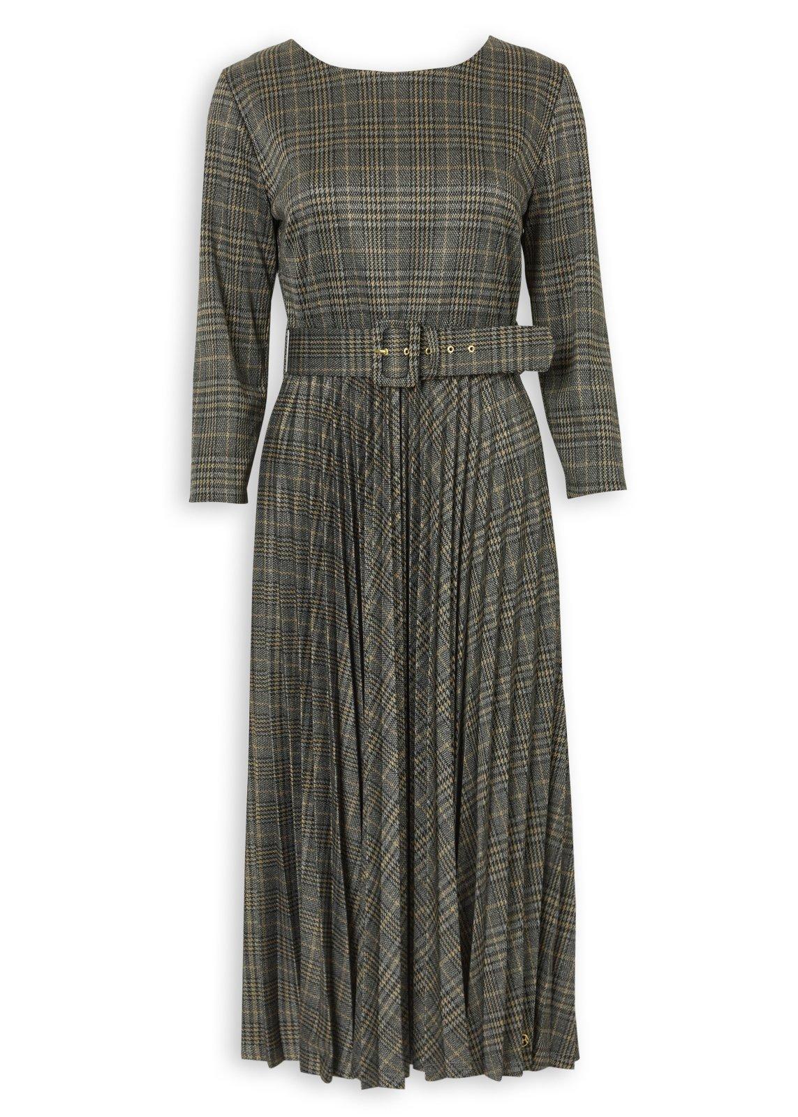 Grey Check Pleated Midi Dress with Belt (3240738) | Daniel Hechter