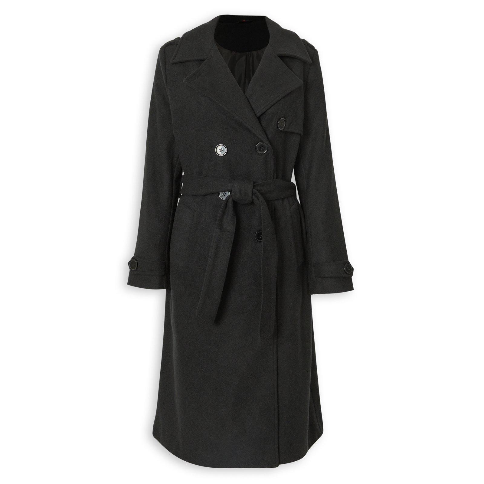 Black Long Belted Trench Melton Coat (3241329) | Identity